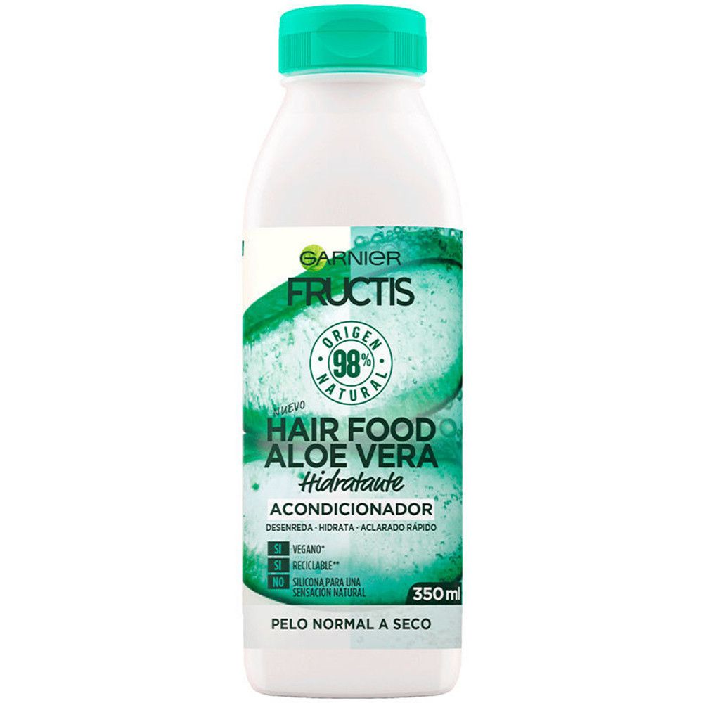 Flasche mit grünem Deckel. Aufschrift Garnier Fructis Hair Food Aloe Vera. 350ml.