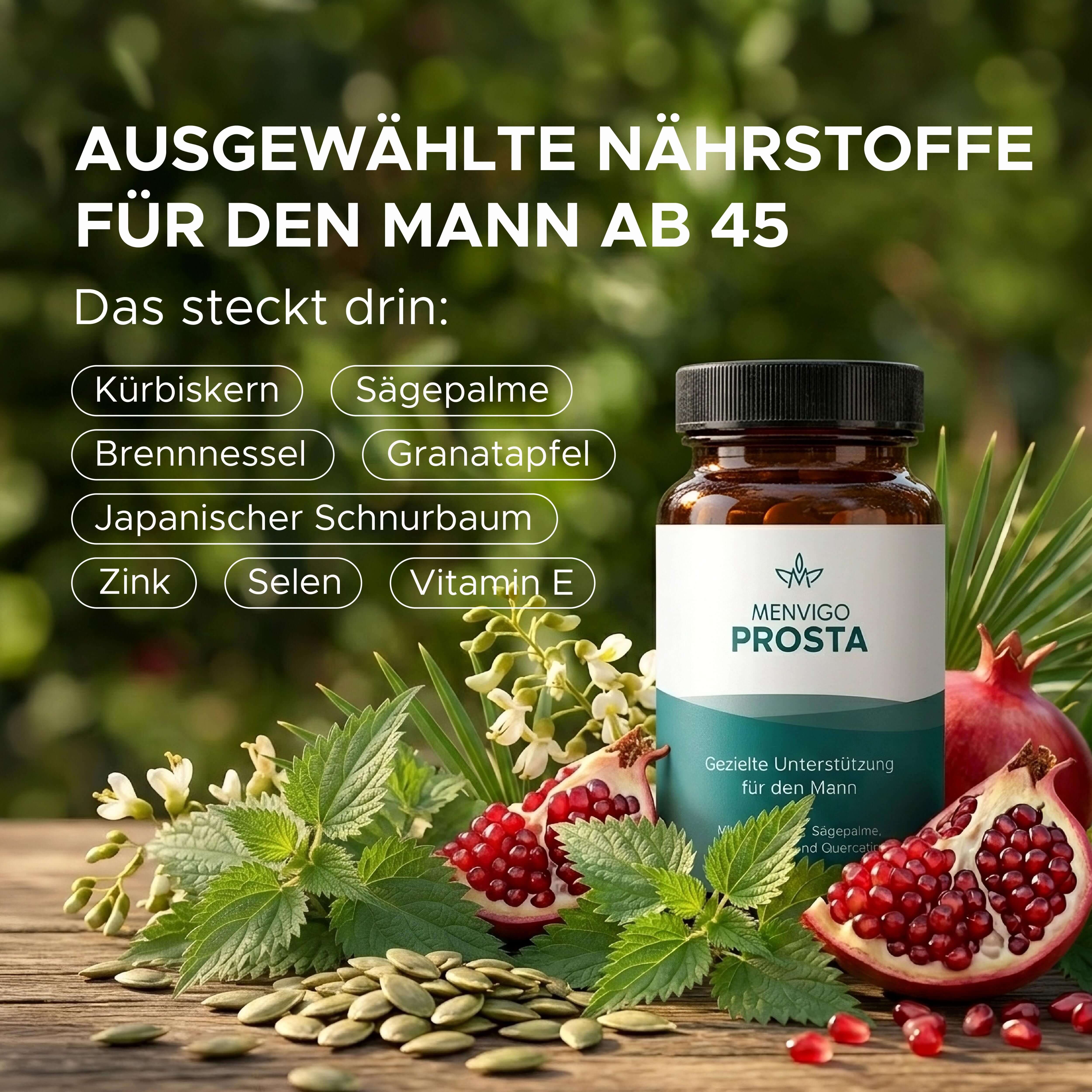 Nährstoffe für den Mann ab 45. Kürbiskern, Sägepalme, Granatapfel, Zink, Selen, Vitamin E. Flasche Menvigo Prosta. Natürlicher Hintergrund.