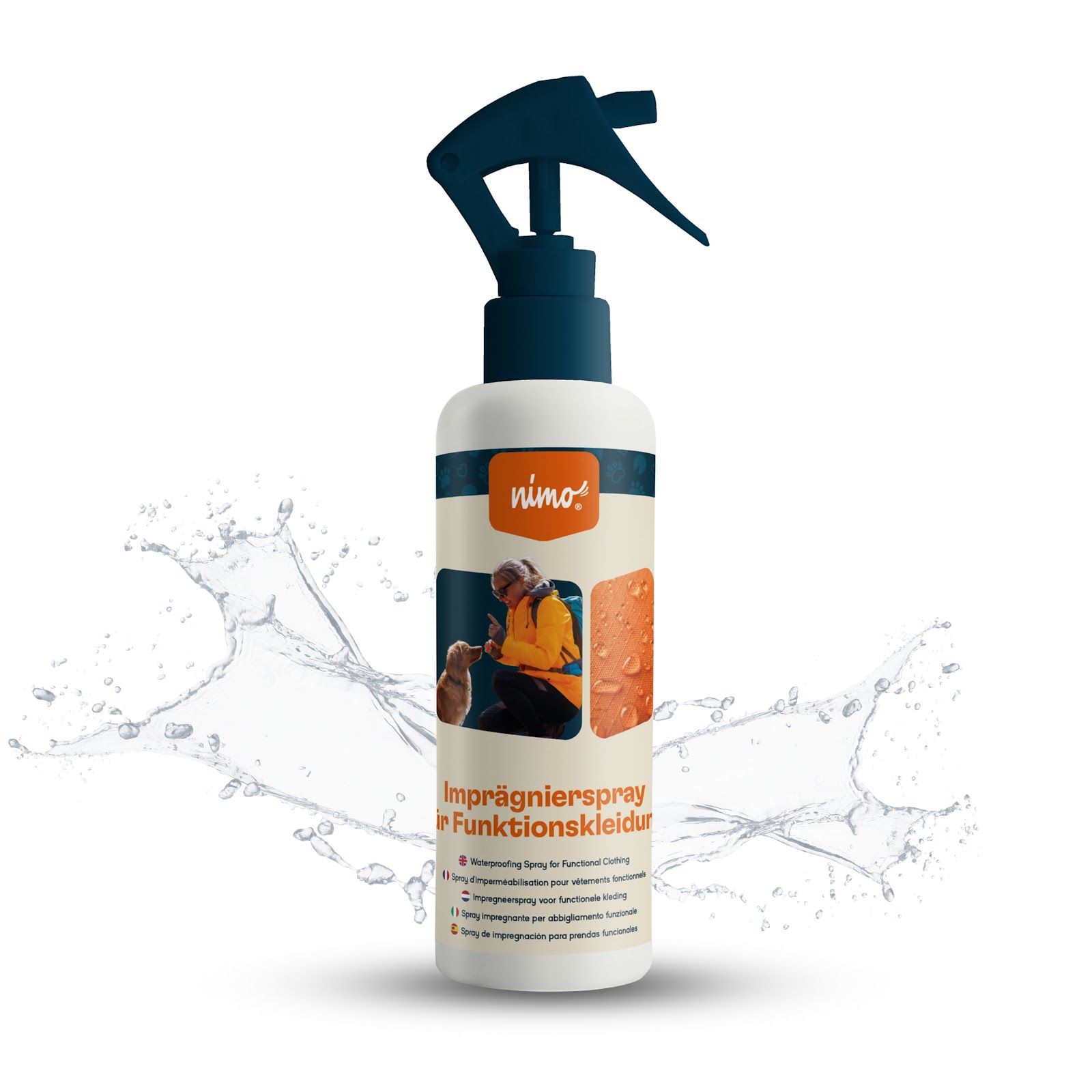 Spray imperméabilisant Nimo pour vêtements techniques. Bouteille blanche avec pulvérisateur bleu. Effet eau en arrière-plan.