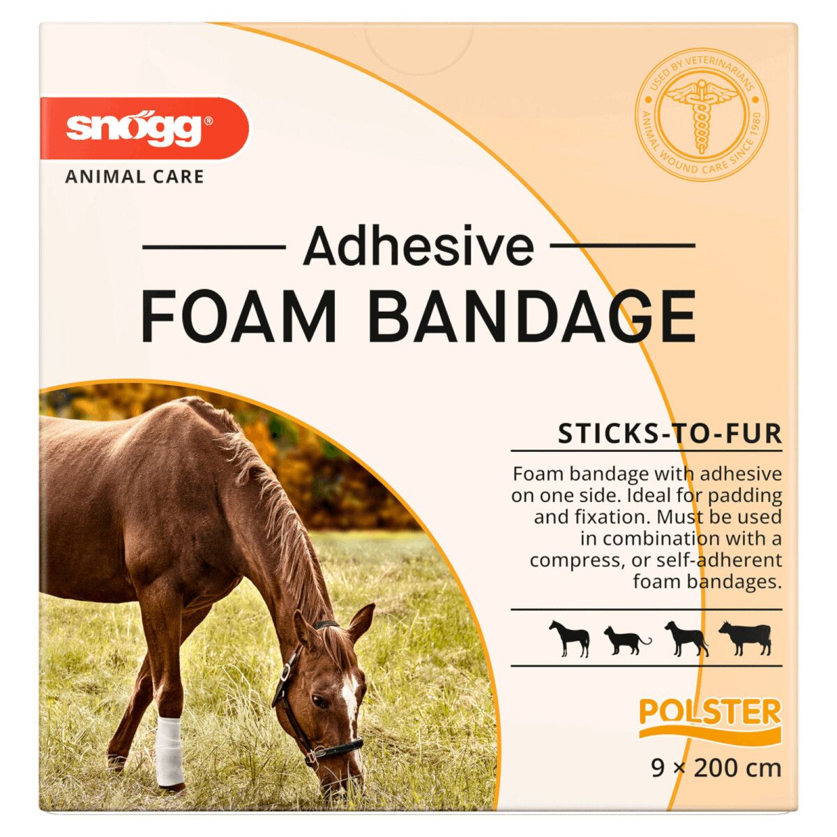 Verpackung Snögg Klebe-Schaumverband für Tiere, mit Bild eines Pferdes.