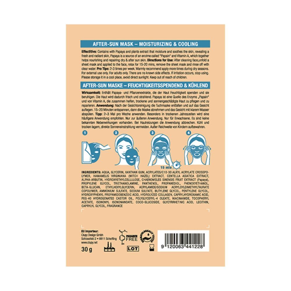 Rückseite der After-Sun Maske. Text: Anwendung, Inhaltsstoffe, Herstellerinformationen. Produktverpackung.