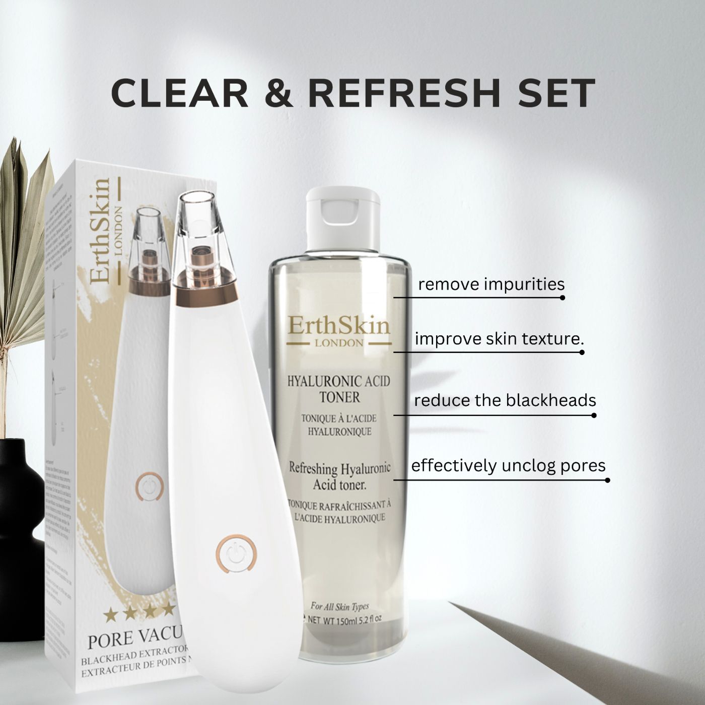 ErthSkin London Clear & Refresh Set. Toner-Flasche und Pore Vacuum Gerät. Weißes Gerät mit goldfarbenen Akzenten.