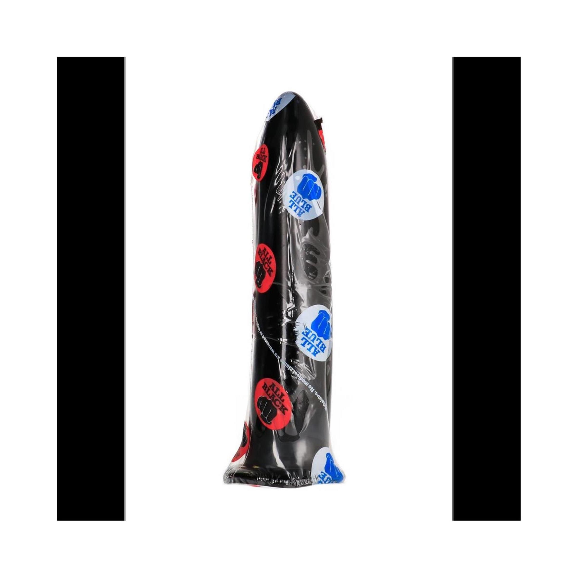 Schwarzer Anal-Dildo in transparenter Verpackung. Auf der Verpackung befinden sich rote und blaue Aufkleber.