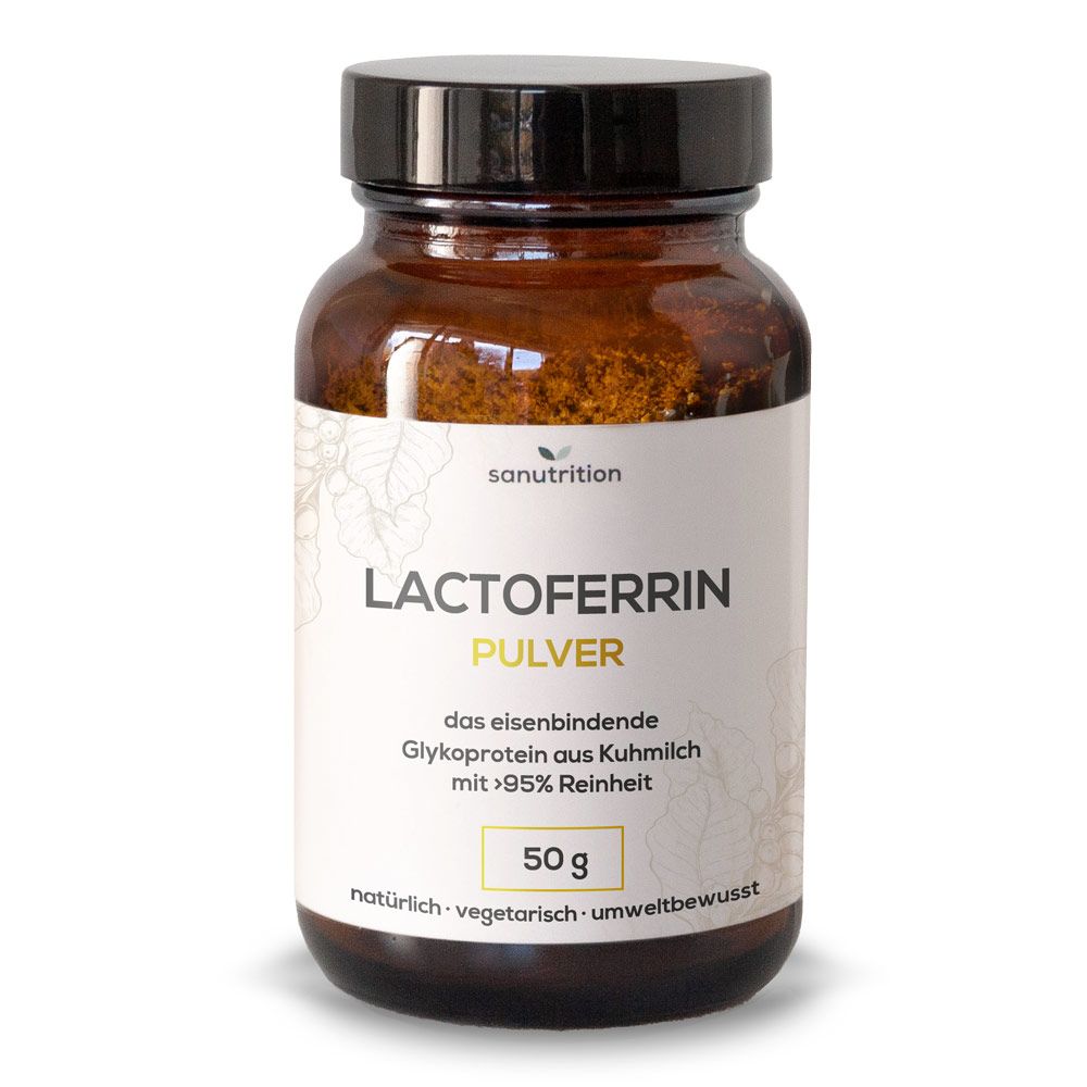 Braune Glasflasche mit schwarzem Deckel. Etikett mit "LACTOFERRIN PULVER", "50 g" und "sanutrition".