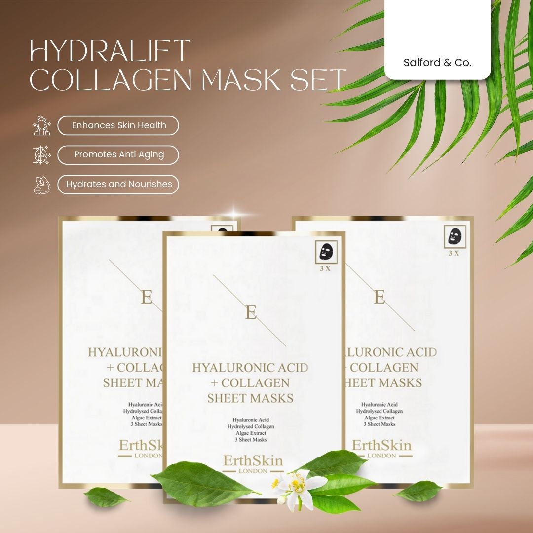 Gesichtsmasken-Set. ErthSkin London, Hyaluronsäure- und Kollagenmasken. 3 Maskenpackungen. Text: Hydralift Collagen Mask Set.