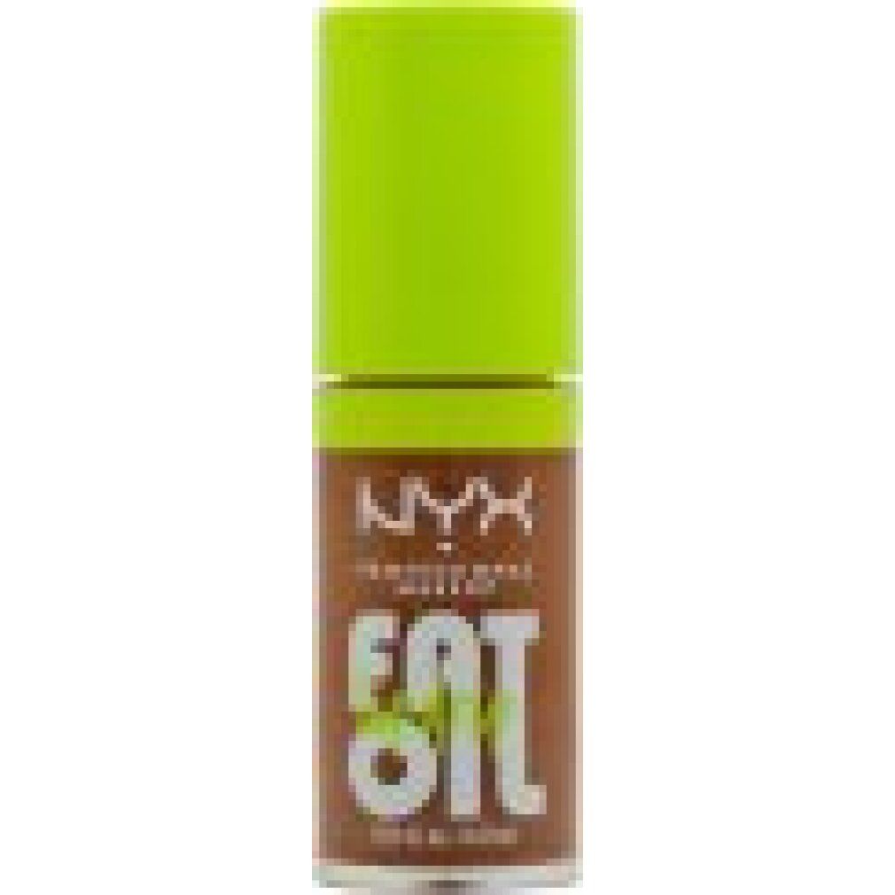 NYX Fat Oil Lip Drip in glitzerndem Braun. Klare Flasche mit neongrüner Kappe.