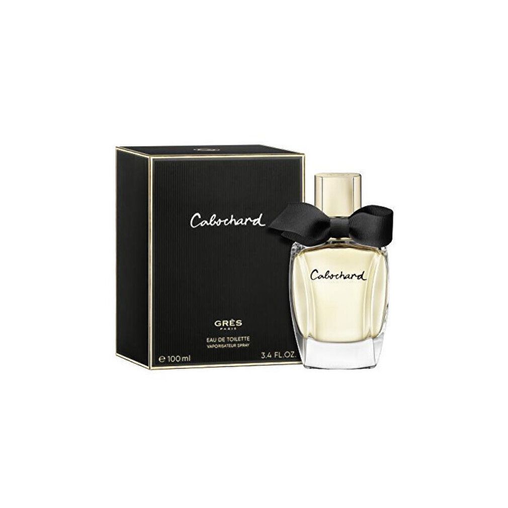 Cabochard Eau de Toilette Spray. Flakon mit schwarzer Schleife, neben schwarzer Schachtel mit Produktnamen und Logo.