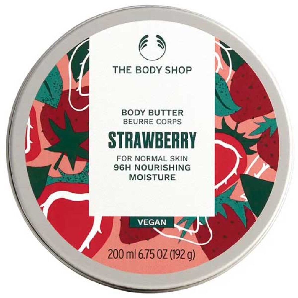 Runder Tiegel mit Erdbeer-Design. Text: Body Butter Strawberry, für normale Haut, 96H Feuchtigkeit. Vegan.