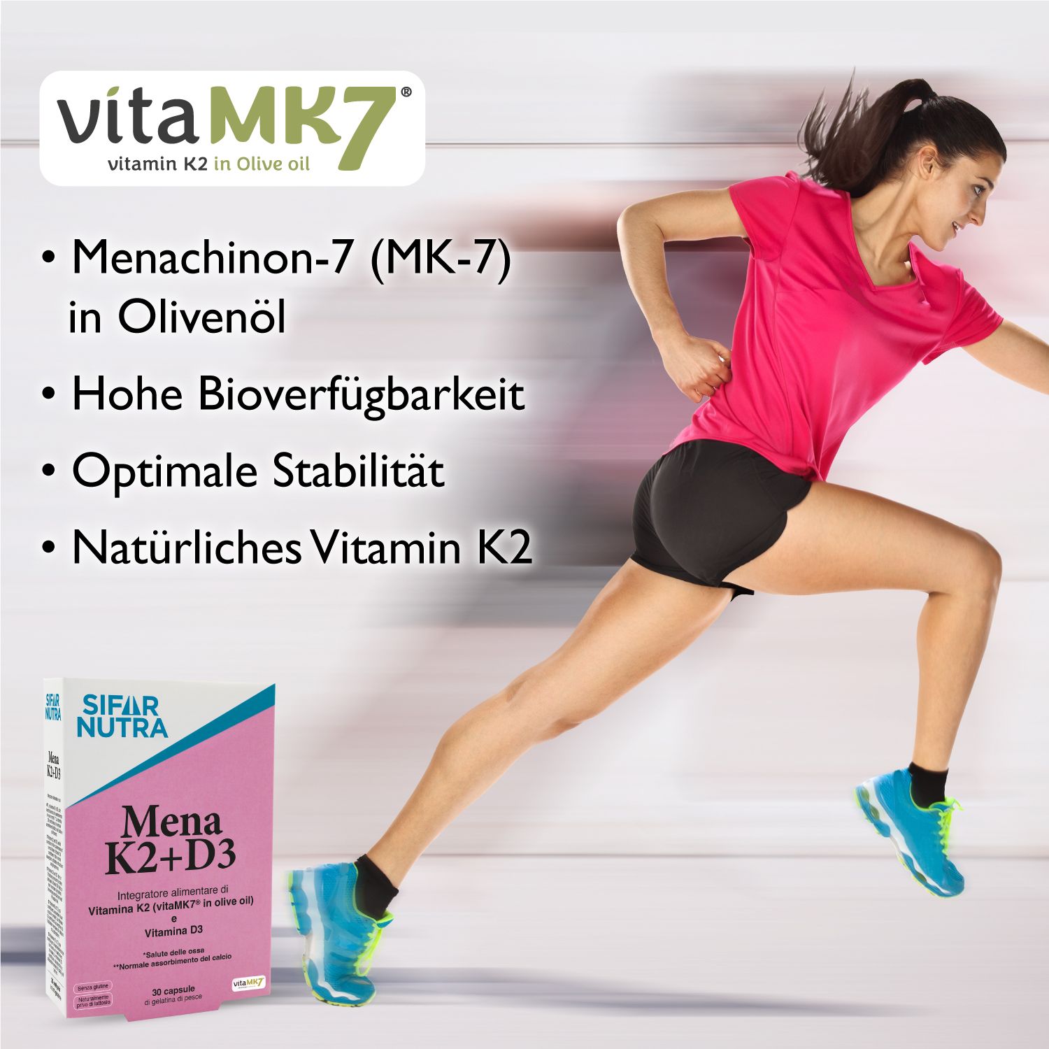 Frau rennt. Sifar Nutra Mena K2+D3-Verpackung. Text: vitaMK7, Menachinon-7, hohe Bioverfügbarkeit.