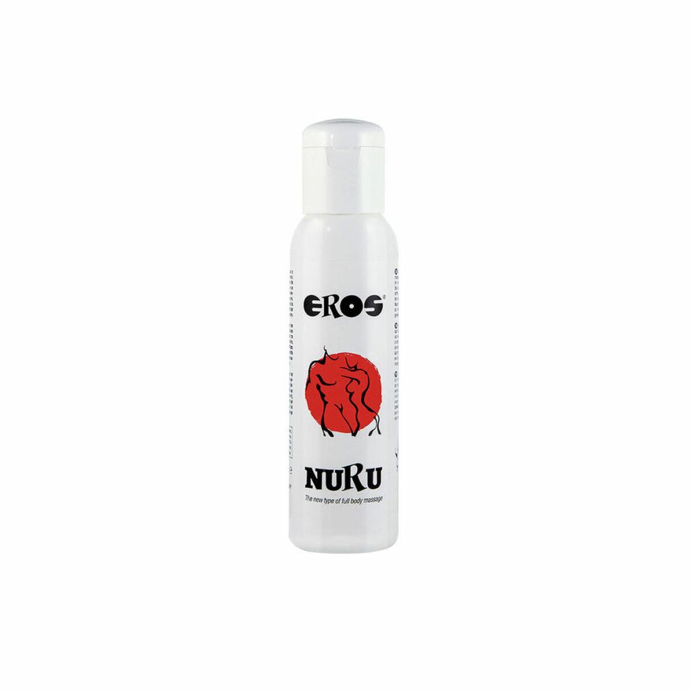 Weiße Flasche mit schwarzem und rotem Aufdruck. Enthält die Aufschrift "EROS" und "NURU". Abbildung zweier Personen in roter Farbe.
