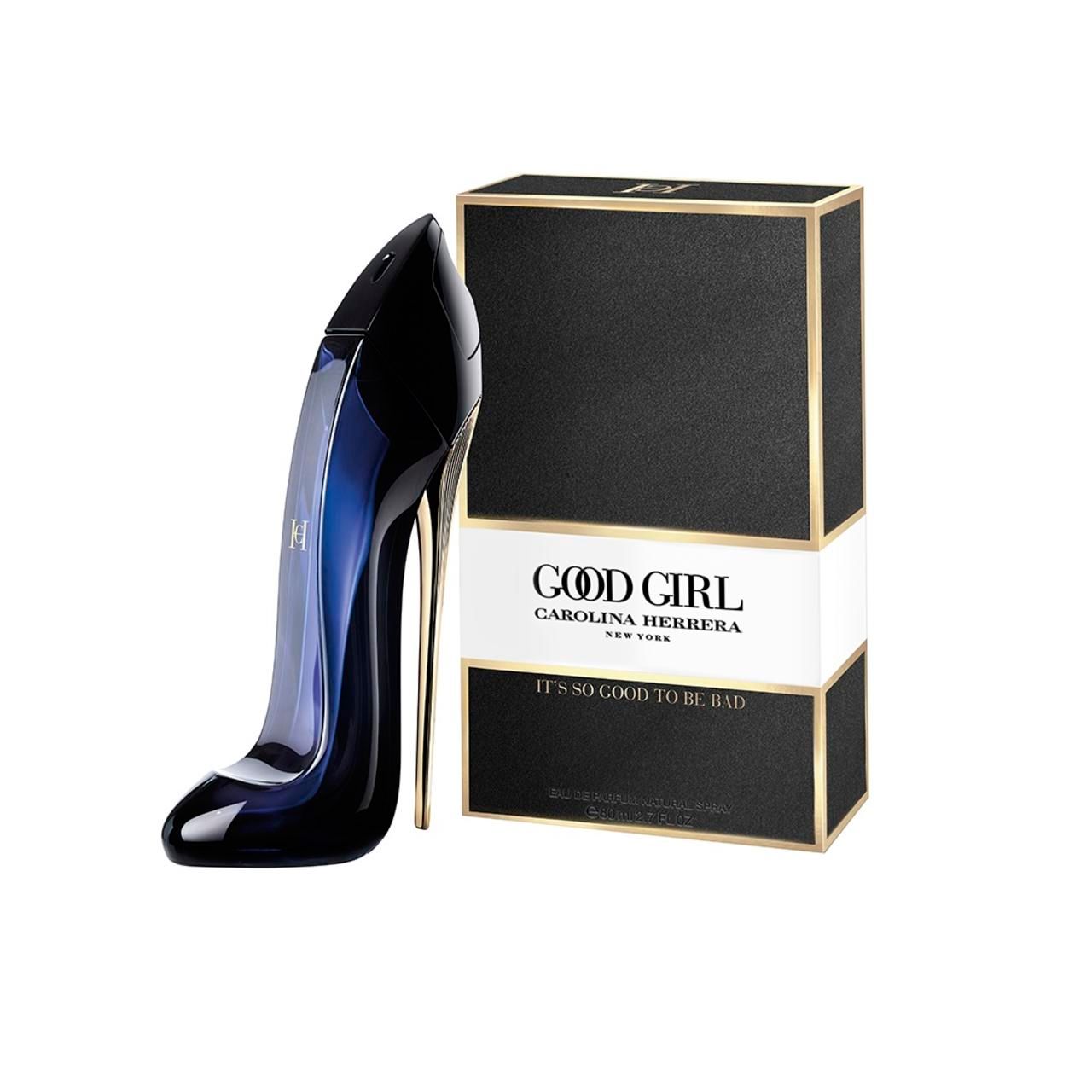 Schwarzer Flakon in Schuhform und Verpackung. Aufschrift: Good Girl, Carolina Herrera, New York. Goldfarbene Details.