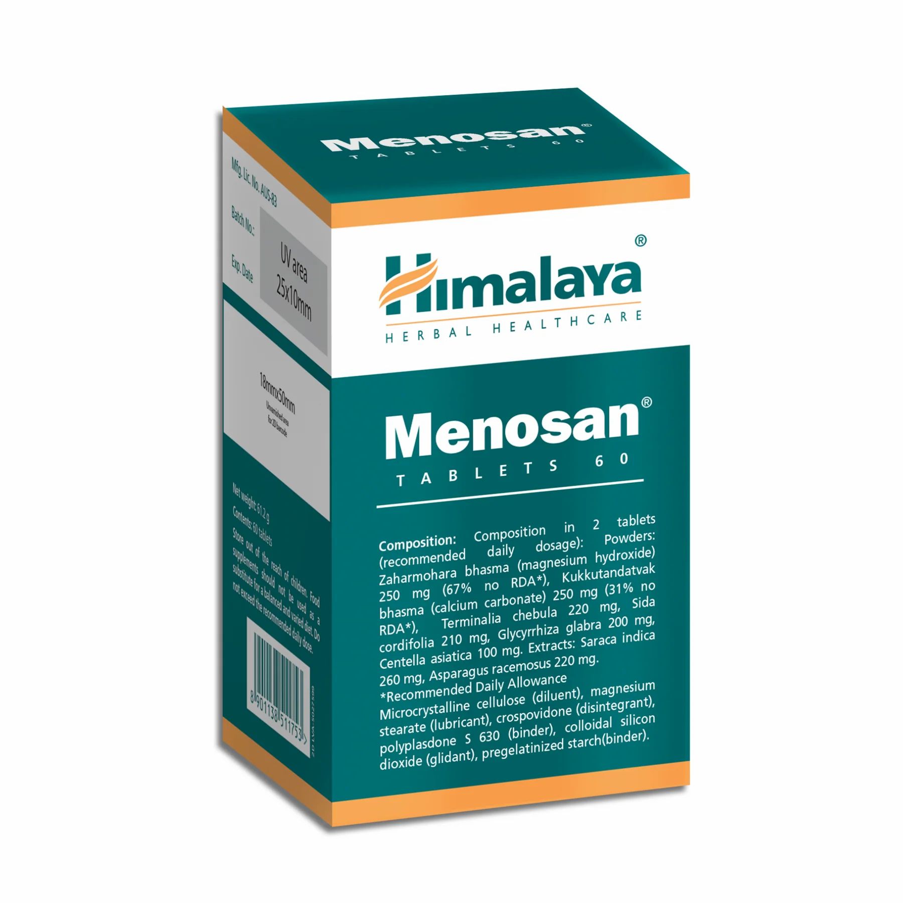Menosan Tabletten-Verpackung. Grün-weißes Karton mit Produktnamen und Himalaya-Logo. Enthält 60 Tabletten. Angaben zu Inhaltsstoffen und Dosierung.