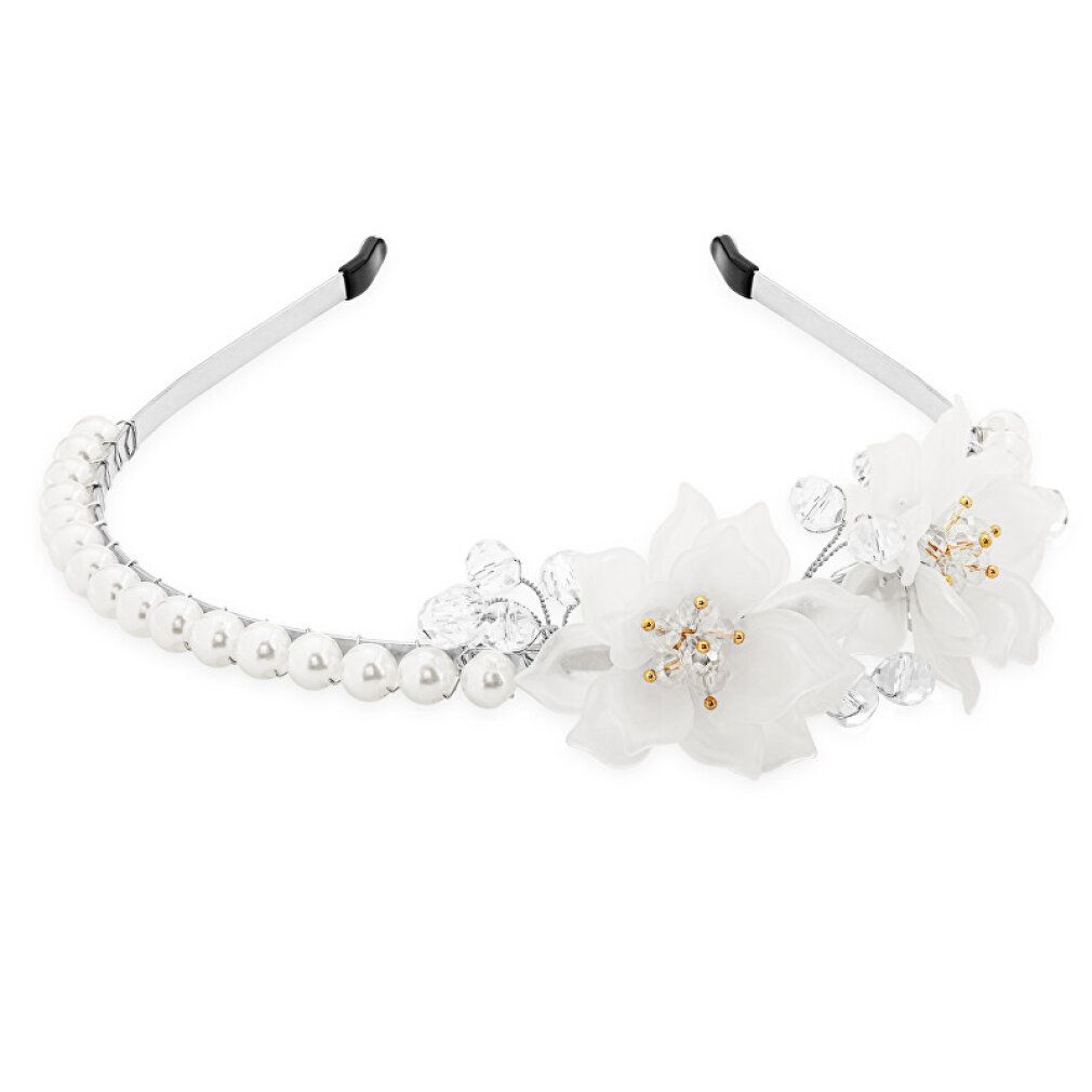 Weißes Stirnband mit Perlen und Blüten. Perlenreihe auf einer Seite, zwei Blüten mit goldenen Details.