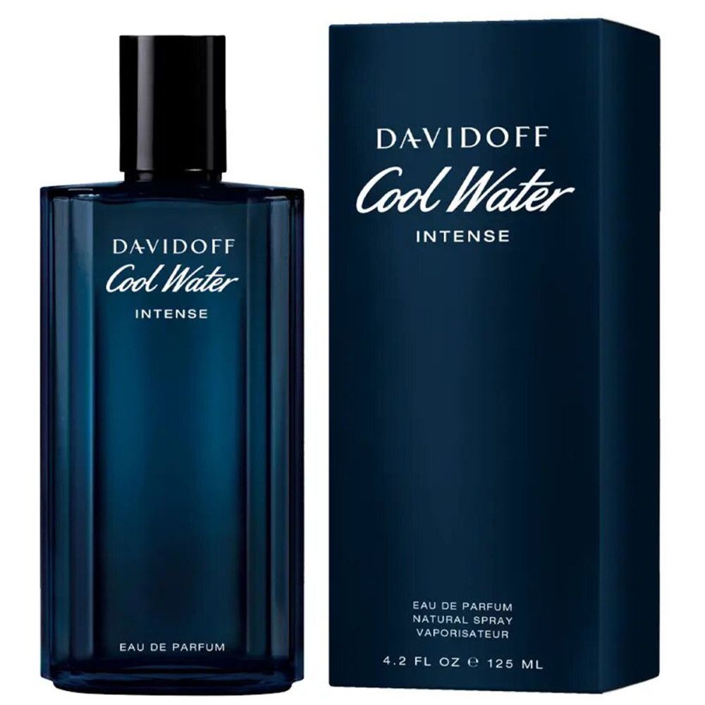 Davidoff Cool Water Intense EdP Nat. Spray Flakon und Verpackung. Blau, rechteckig. Schriftzug und Produktangaben.