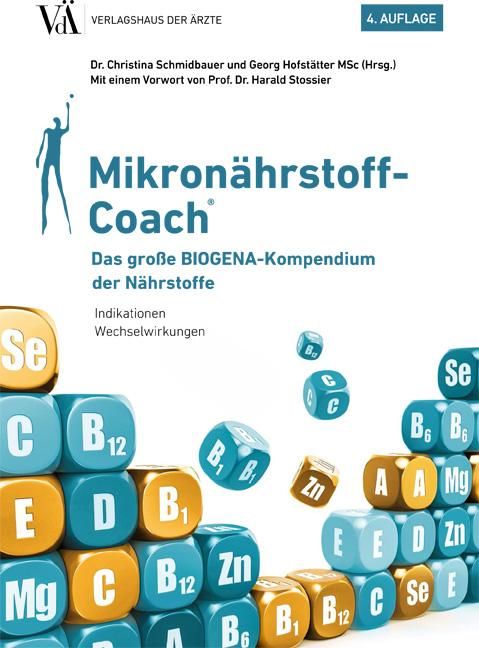 Buchcover: Mikronährstoff-Coach. Titel, Autoren, und Logos. Würfel mit Vitamin- und Mineralstoffbezeichnungen.