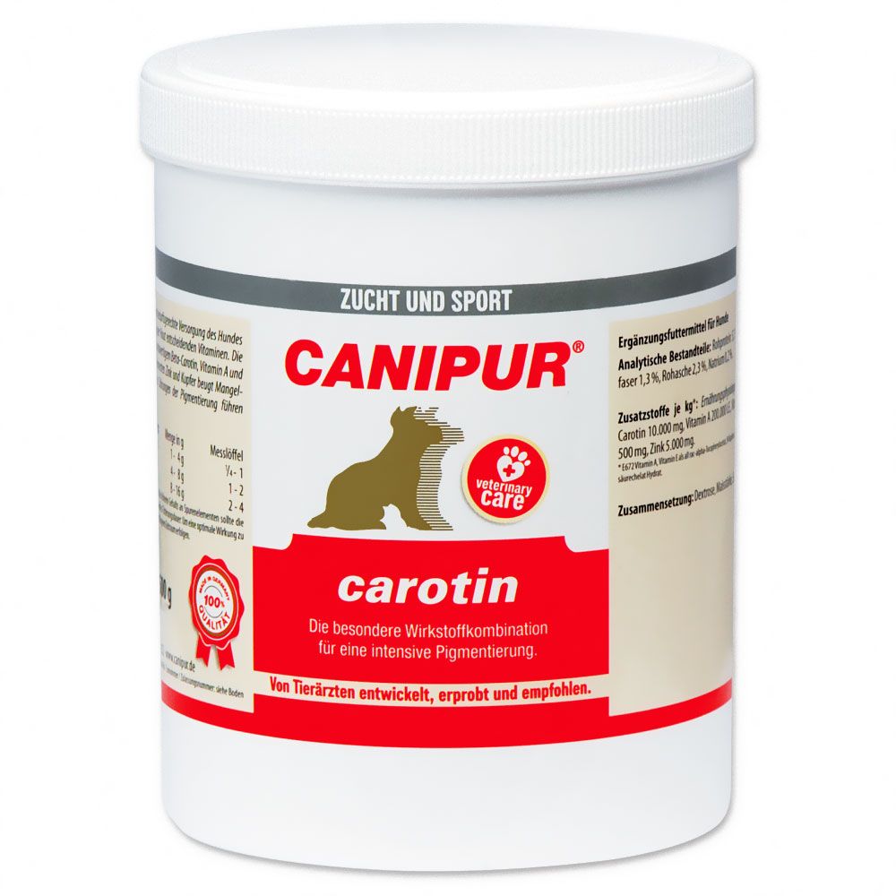 Weißer Behälter mit Deckel. Aufschrift CANIPUR, carotin, Logo mit Hund. Roter Bereich mit Text. Veterinär-Qualität.