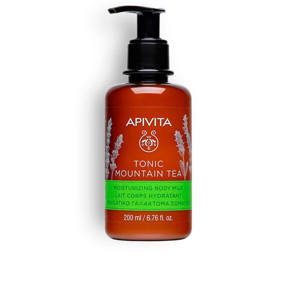 Braune Flasche mit schwarzem Pumpkopf. Aufschrift: APIVITA, TONIC MOUNTAIN TEA, Lait Corps Hydratant. 200 ml.