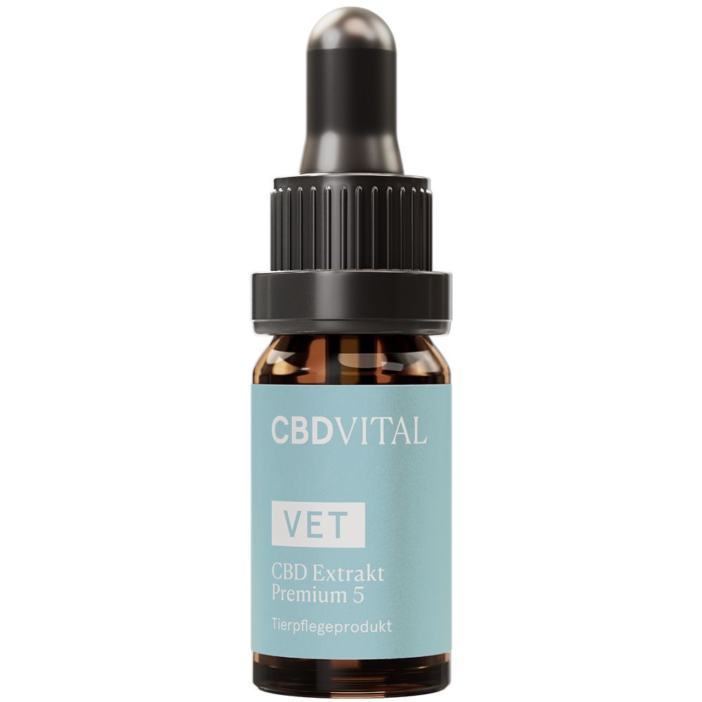 Braune Glasflasche mit schwarzem Deckel und Pipette. Aufkleber mit "CBDVITAL" und "VET CBD Extrakt Premium 5".