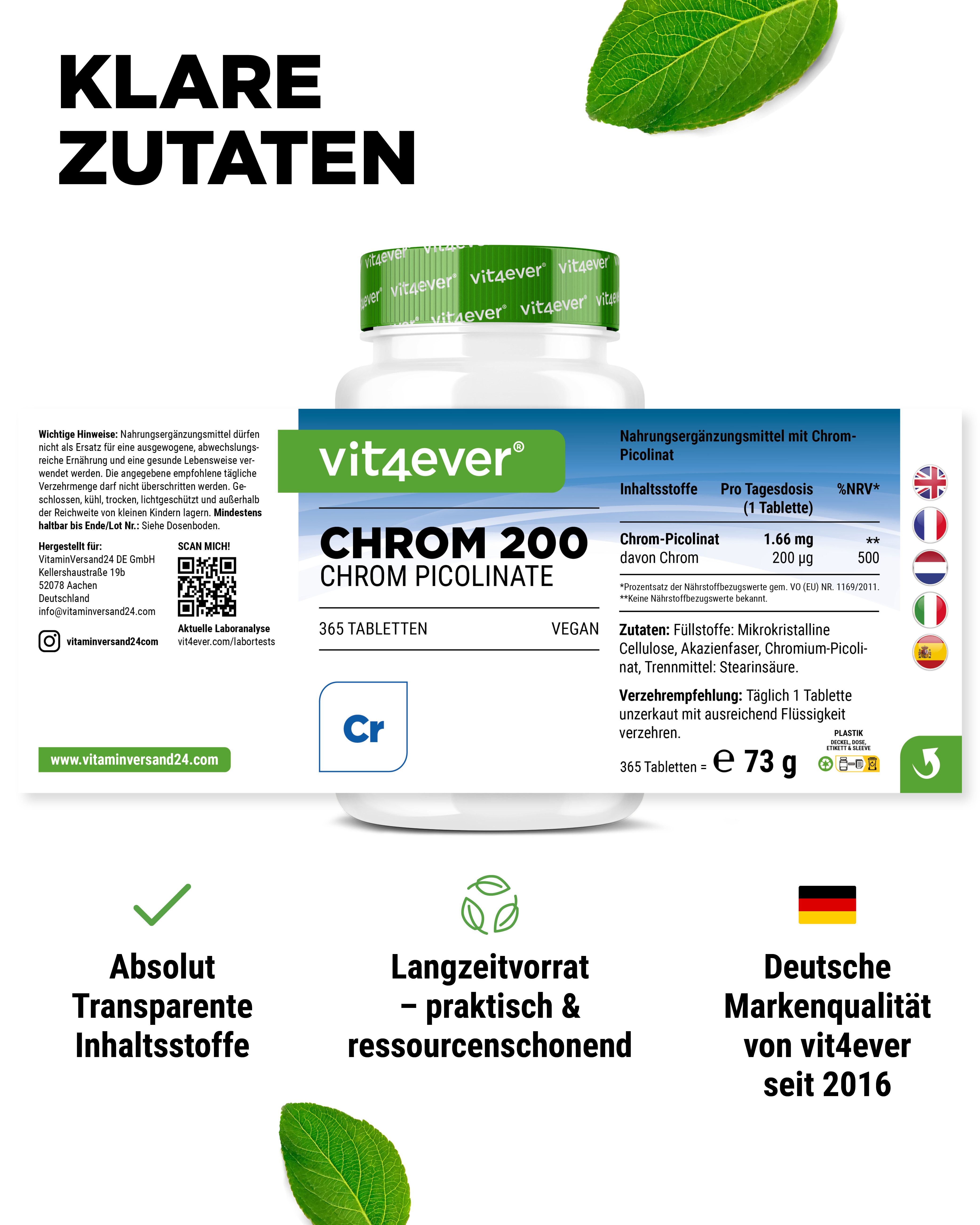 Vit4ever Chrom 200 Picolinat: Flasche mit 365 Tabletten, 200 mcg Chrom, Made in Germany, Qualität seit 2016.