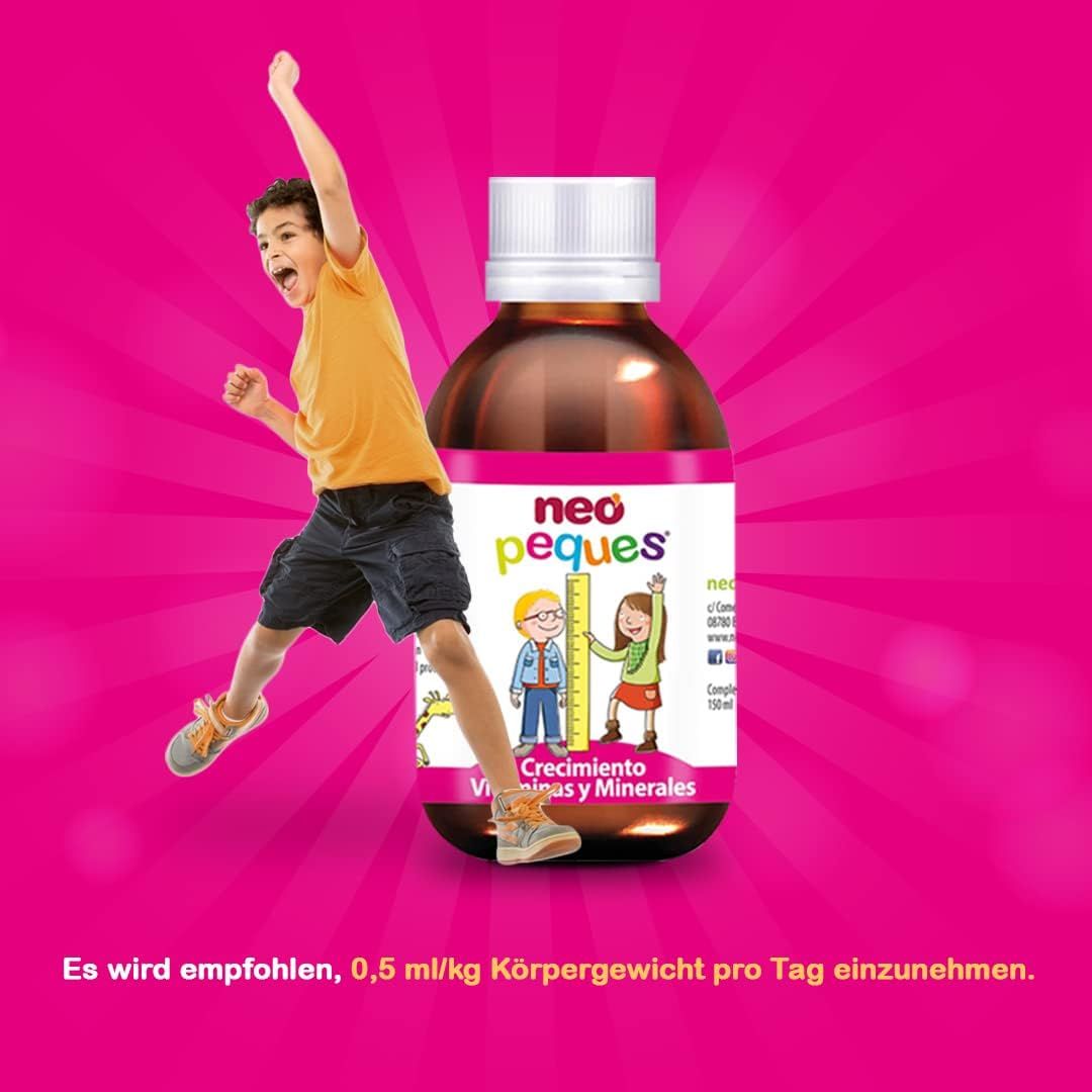 Braune Flasche mit weißem Deckel. Etikett mit Produktnamen und Illustrationen. Kind springt. Text: 0,5 ml/kg Körpergewicht pro Tag.