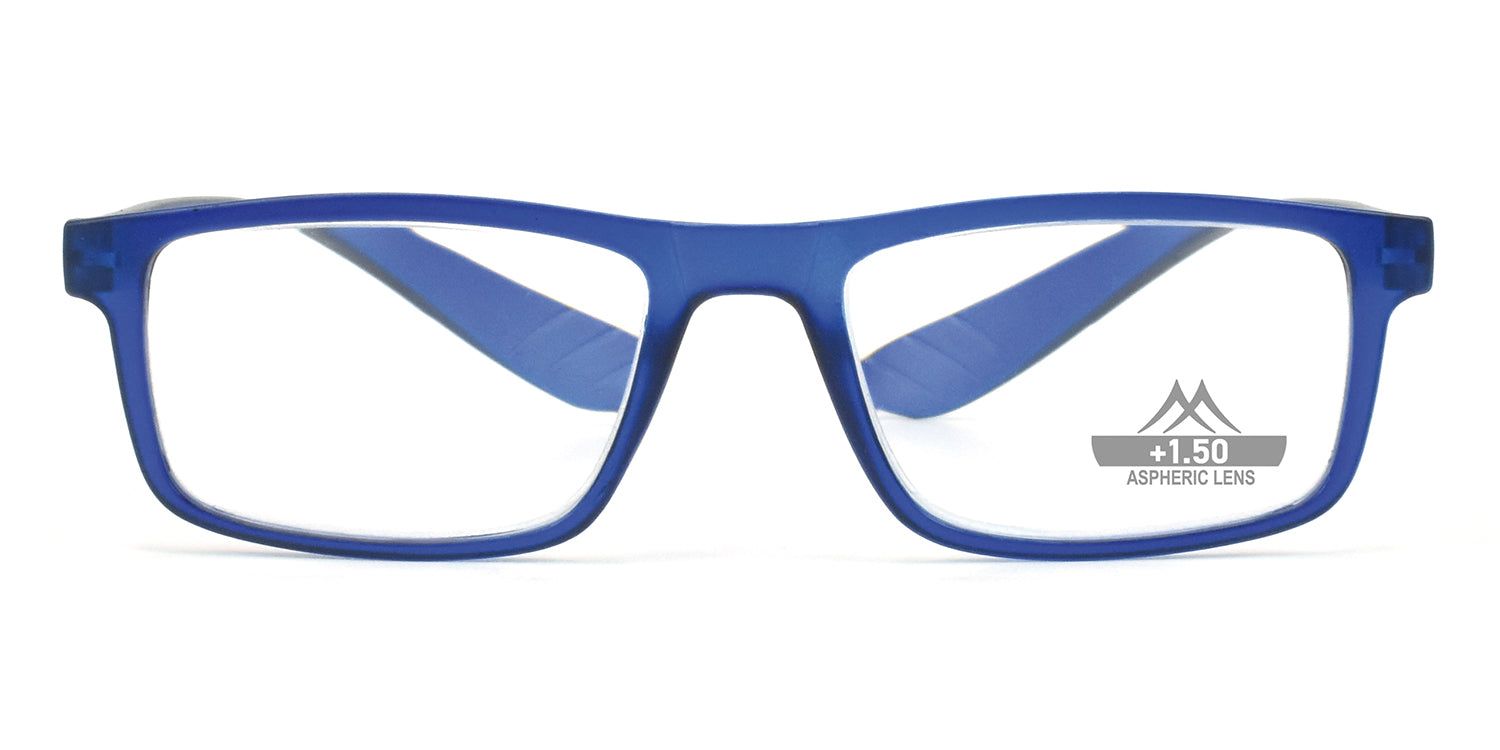 Blaue Brille mit rechteckigen Gläsern. Auf einem Glas steht "+1.50 Aspheric Lens".
