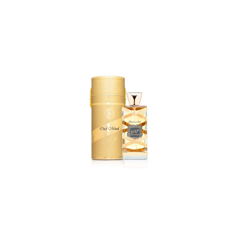 Parfümflasche mit goldener Kappe und brauner Flüssigkeit. Zylindrische Verpackung in Goldtönen. Arabische Schrift.