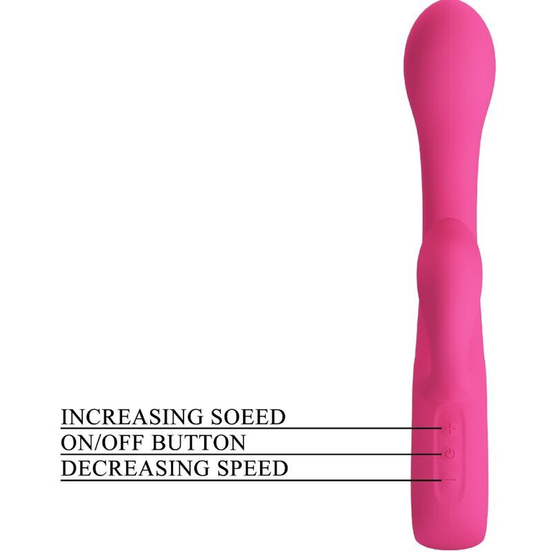 Pinkfarbener Vibrator mit gerader Form. Mit Beschriftung: Increasing Speed, On/Off Button, Decreasing Speed.