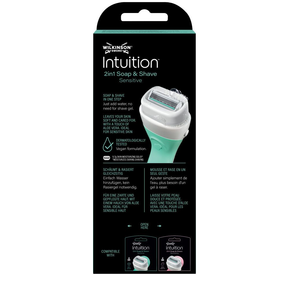 Seitenansicht der Verpackung für Wilkinson Sword Intuition 2in1 Seife & Rasur.