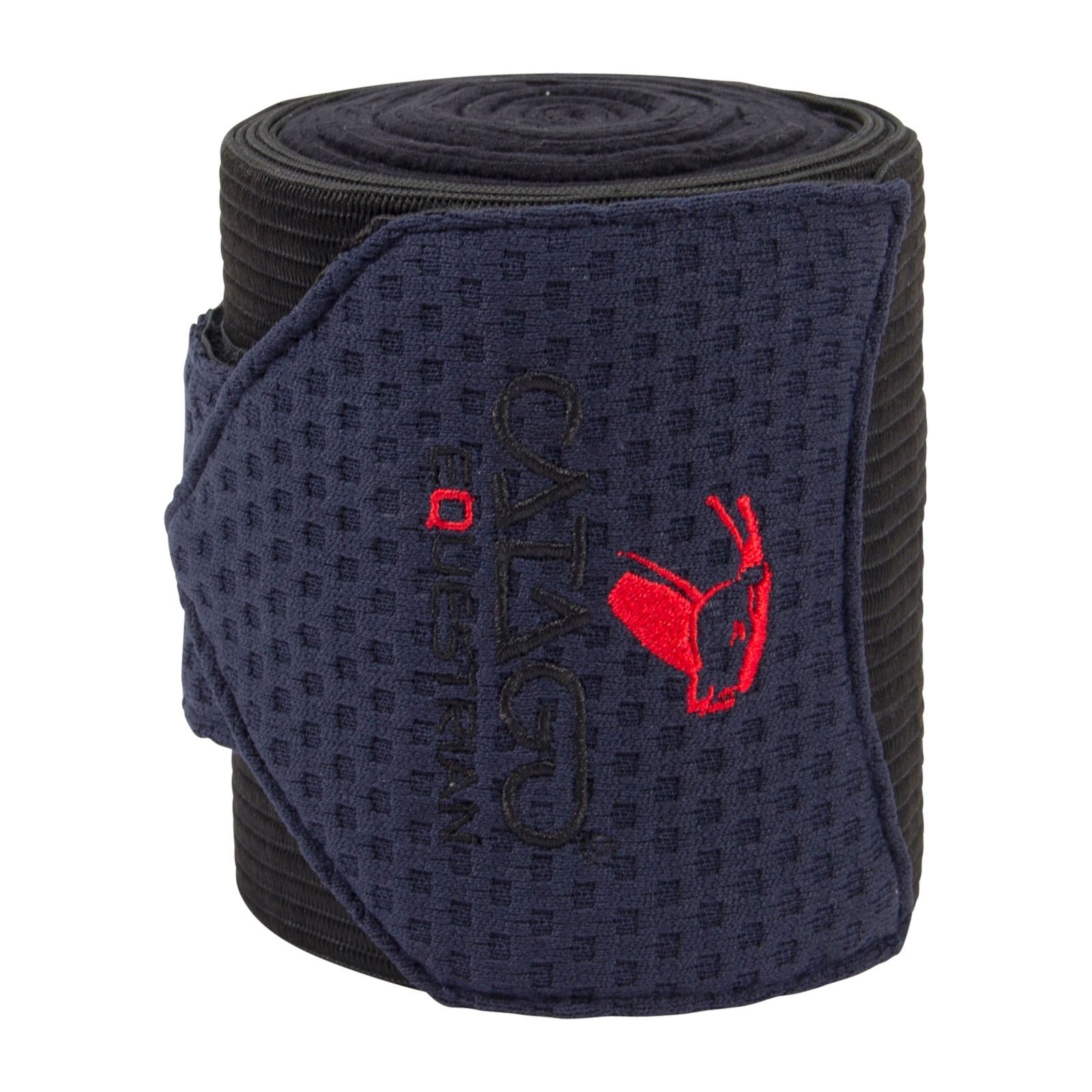 Bandage, gerollt. Schwarzes Material mit blauem Patch. Rotes Logo: CATAGO FIR-Tech Healing.