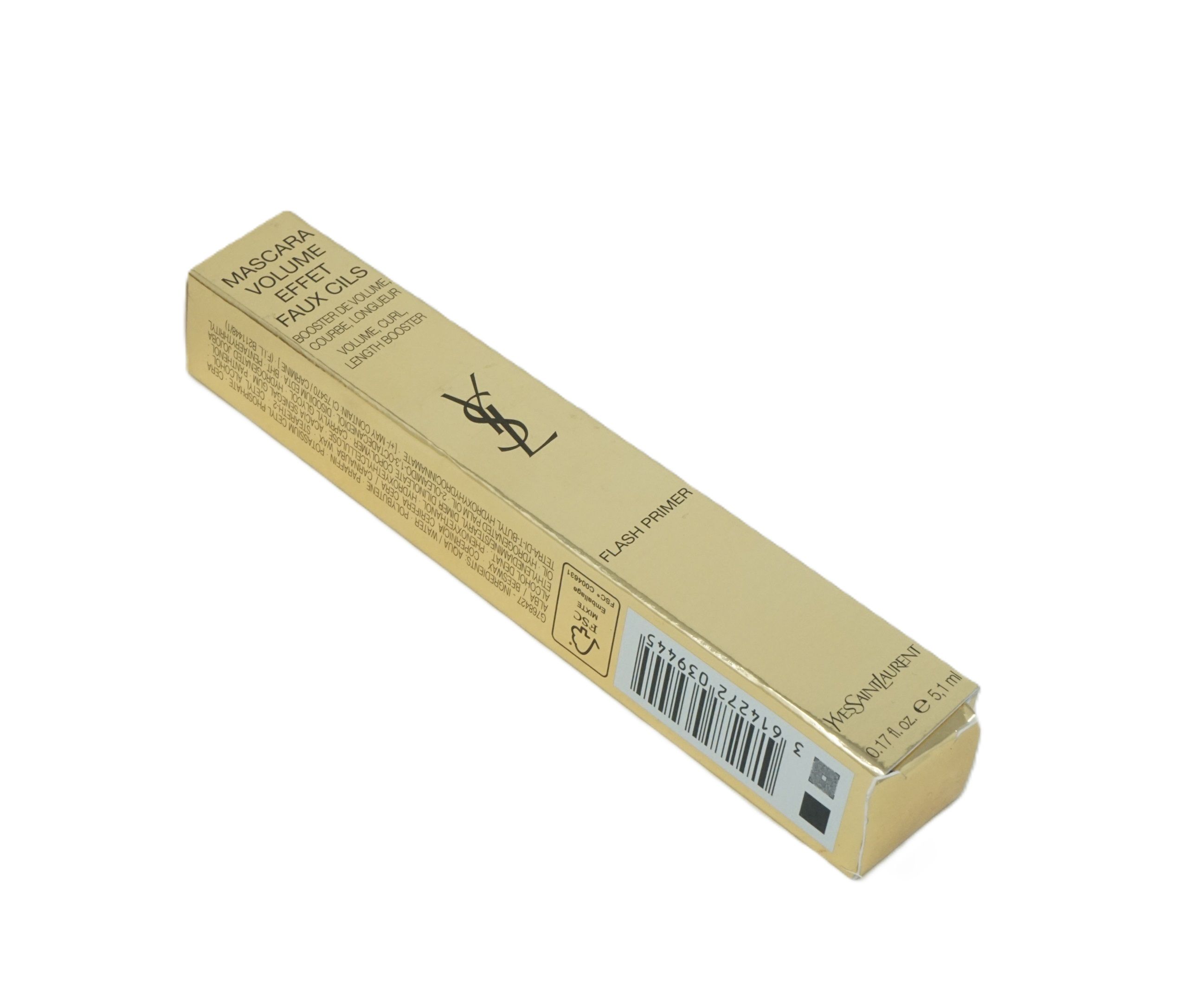 Goldfarbene Verpackung mit Produktbezeichnung und Logo. Aufschrift: Mascara Volume Effet Faux Cils, Flash Primer.