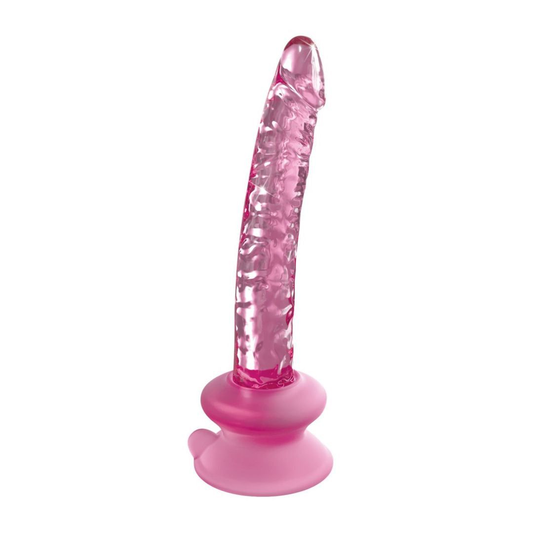 Rosa Glasdildo mit Saugfuß. Der Dildo ist transparent und hat eine strukturierte Oberfläche. Der Saugfuß ist rund.