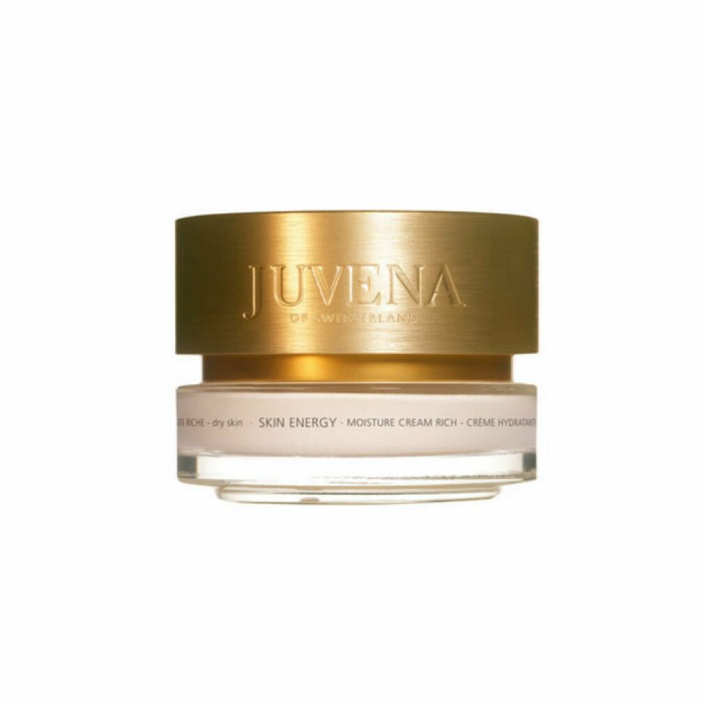 Creme-Tiegel mit goldfarbenem Deckel. Aufschrift: Juvena, Skin Energy, Moisture Cream Rich. Glasbehälter.
