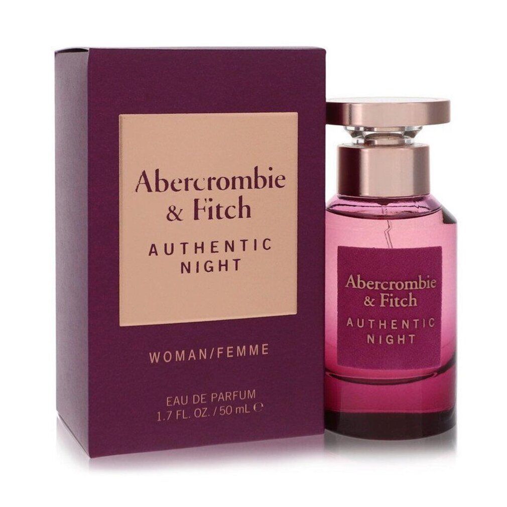 Flakon und Verpackung. Aufschrift: Abercrombie & Fitch AUTHENTIC NIGHT. Verpackung lila.
