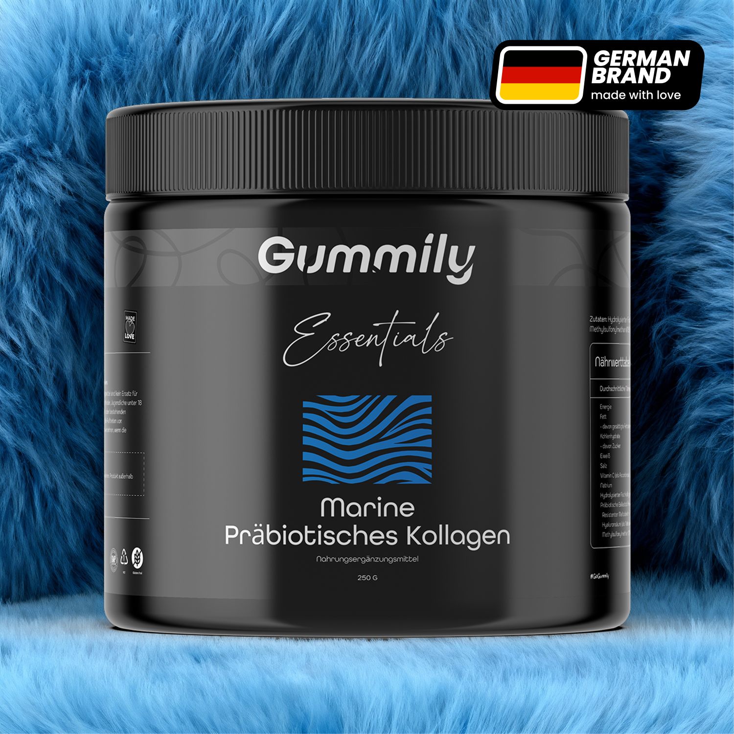 Schwarze Dose mit Gummily Essentials Marine Präbiotisches Kollagen. Deutsches Qualitätssiegel.