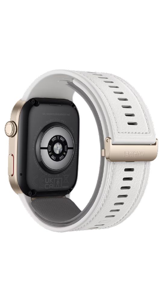 Rückseite der Smartwatch mit weißem Armband. Zeigt Sensoren, Modellinformationen und das HUAWEI-Logo.