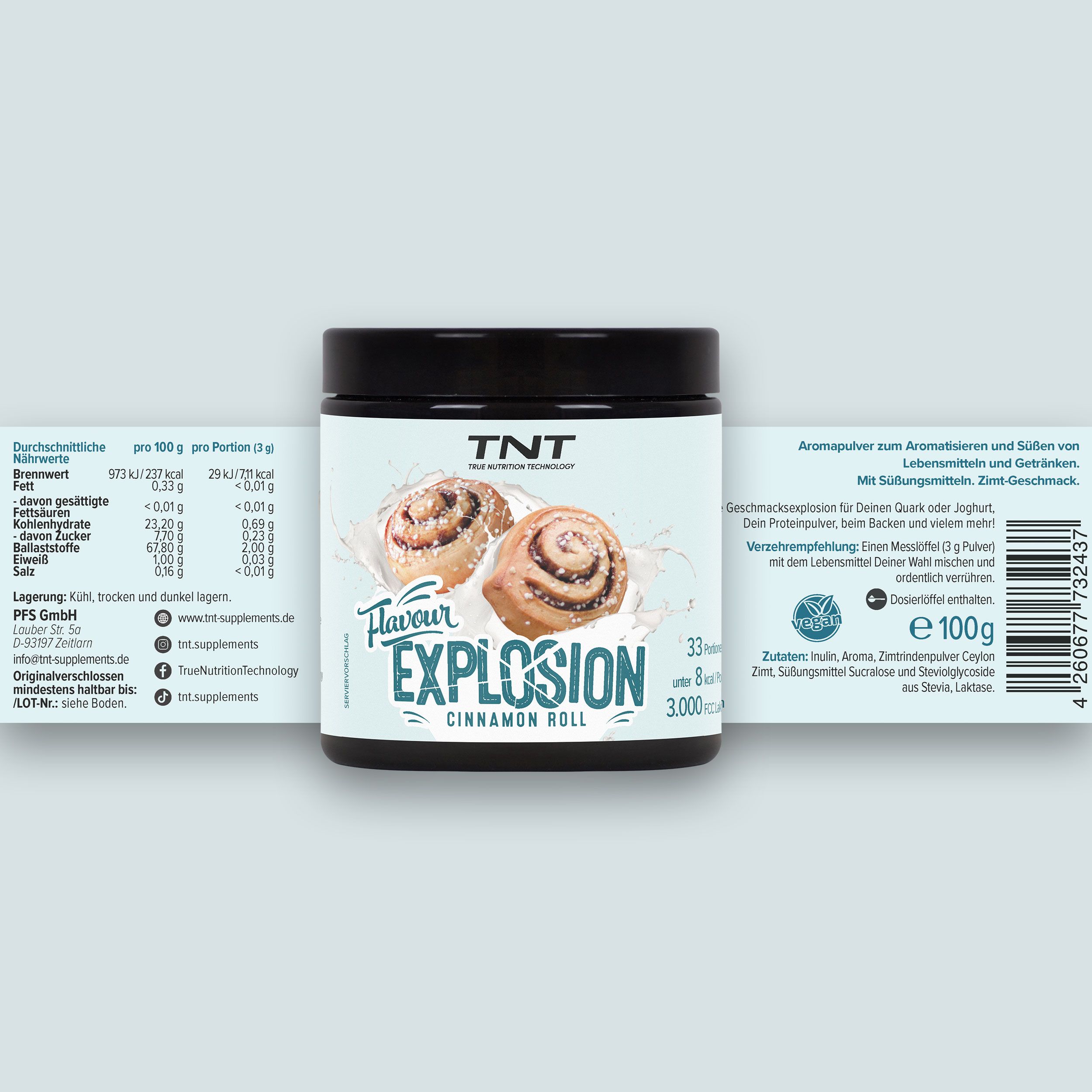 TNT Flavour Explosion Zimtrolle: Dose mit Nährwertangaben und Zutatenliste auf Etikett.