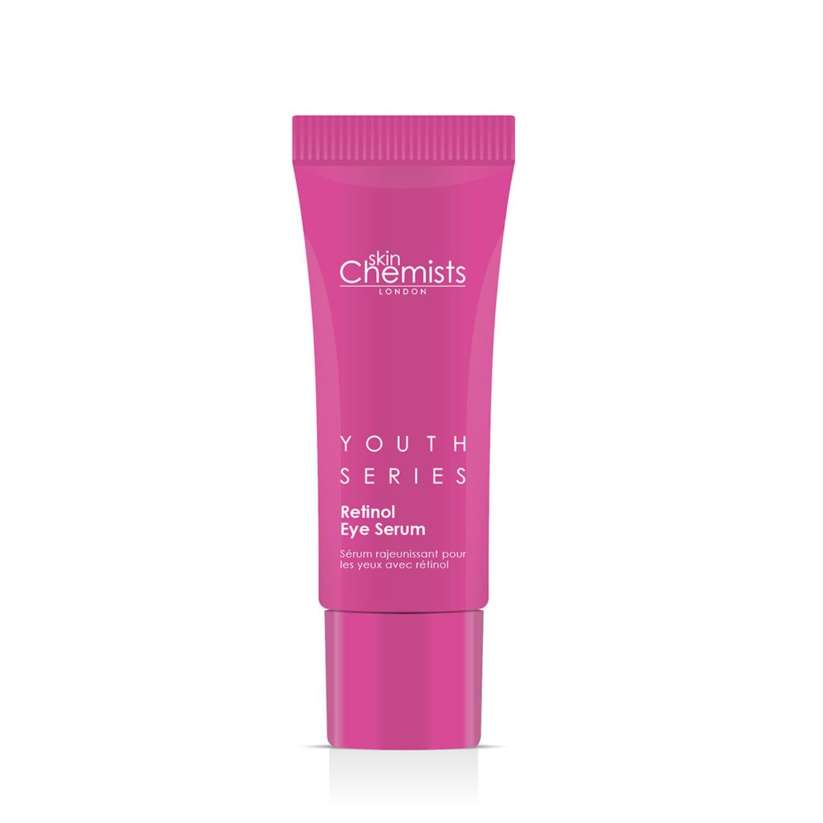 Rosa Tube mit "skinChemists" und "Youth Series Retinol Eye Serum" Schriftzug. Auf weißem Hintergrund.