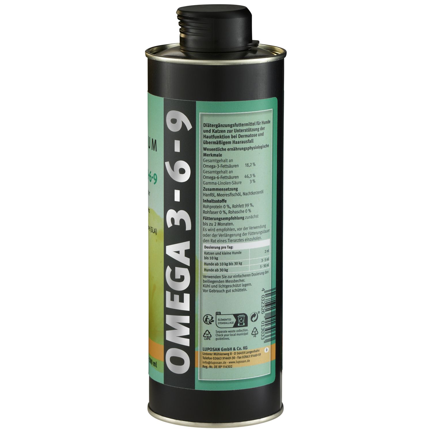 Zylindrische Dose mit schwarzem Deckel. Aufschrift: OMEGA 3-6-9. Grün-weißes Etikett mit Nährwertangaben. Produkt für Hunde und Katzen.