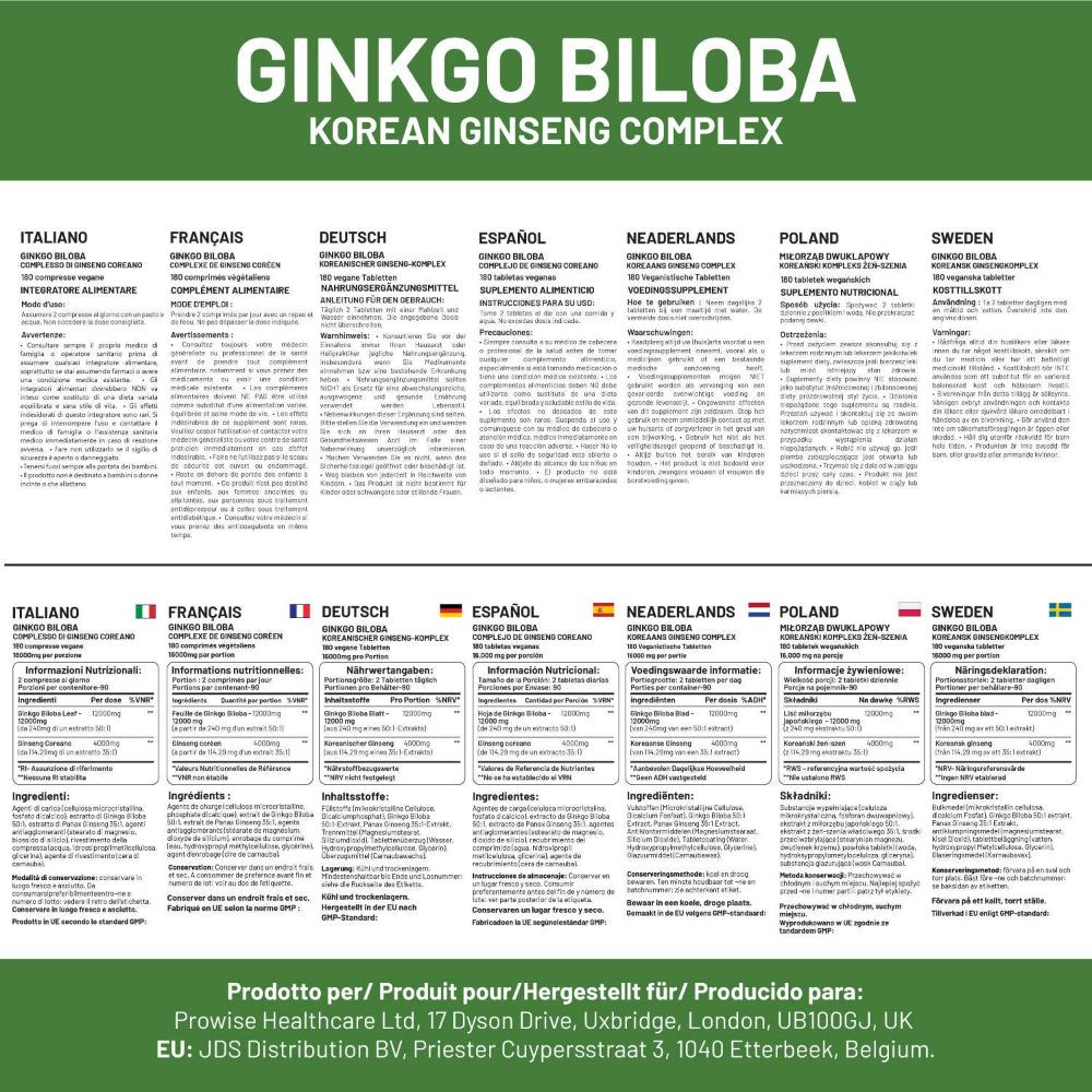 Mehrsprachige Etiketten für Prowise Healthcare Ginkgo Biloba und koreanischer Ginseng. Text in mehreren Sprachen.