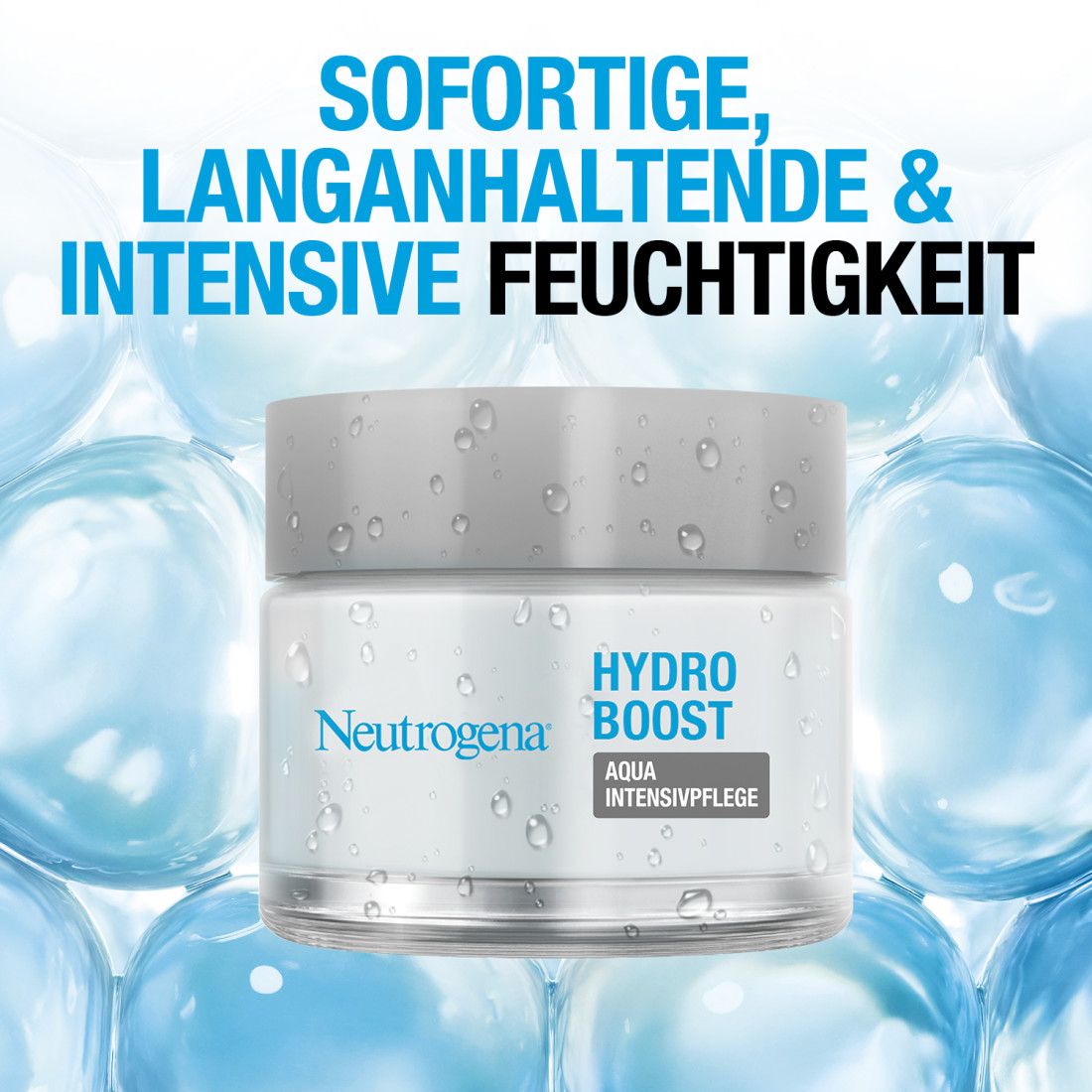 Creme-Tiegel vor blauem Hintergrund mit Wassertropfen. Produktname und Text auf dem Etikett.