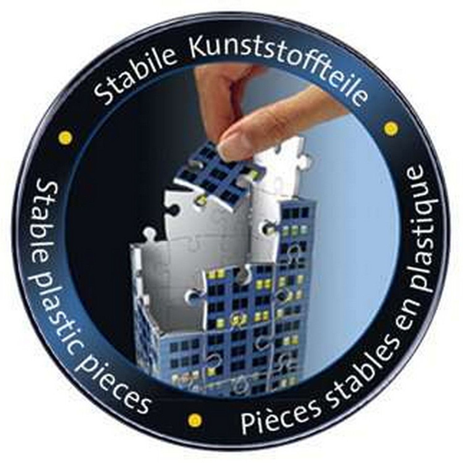 Kreisförmige Abbildung. Hand setzt Puzzleteil in das Chrysler Building. Text: Stabile Kunststoffteile, Stable plastic pieces.