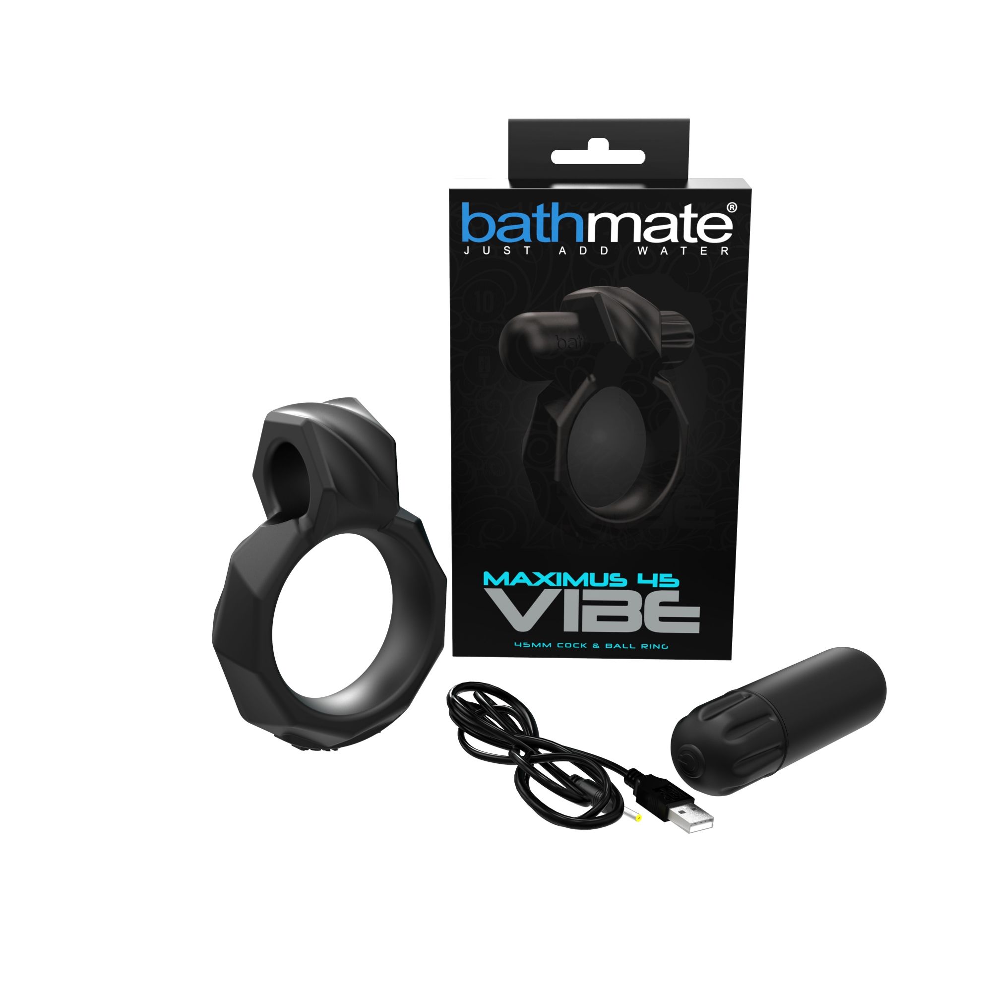 Schwarzes Produkt, Verpackung mit "bathmate" Logo und "MAXIMUS VIBE 45". USB-Kabel und zylindrisches Gerät.
