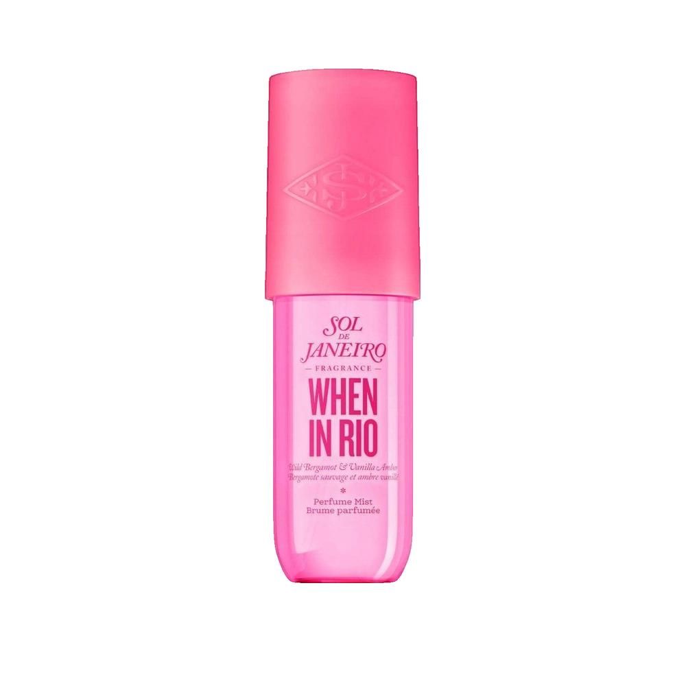Rosa Flasche mit rosa Deckel. Aufschrift: Sol de Janeiro When in Rio. Parfümnebel. Für Frauen.