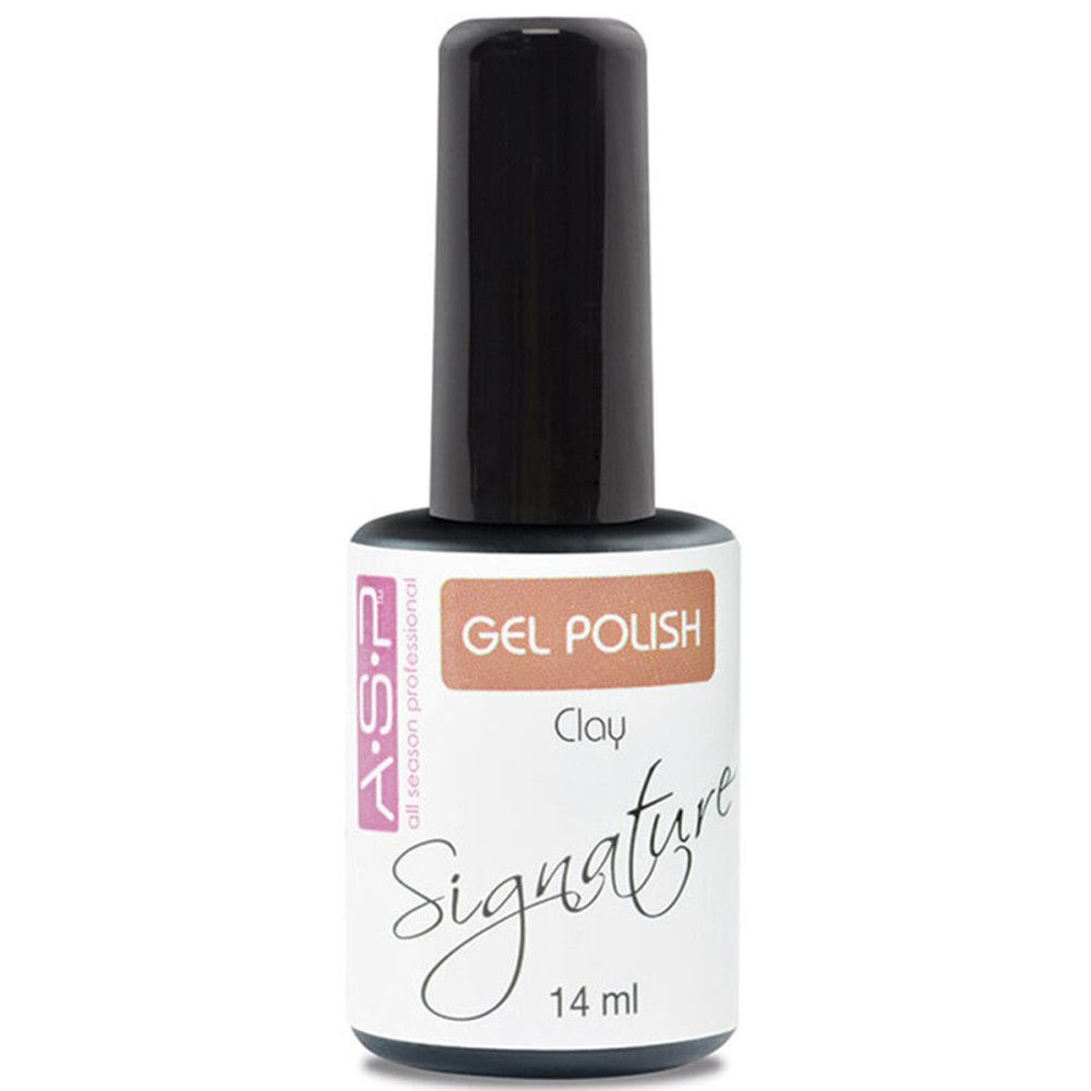Nagellackflasche mit schwarzem Deckel. Etikett mit Produktinformationen. Aufschrift: GEL POLISH, Clay, Signature, 14 ml.