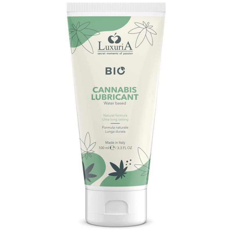 Creme-Tube mit Produktnamen und Logo. Grün-weiße Farbgebung. Text: BIO Cannabis Lubricant, Wasserbasis. Made in Italy.