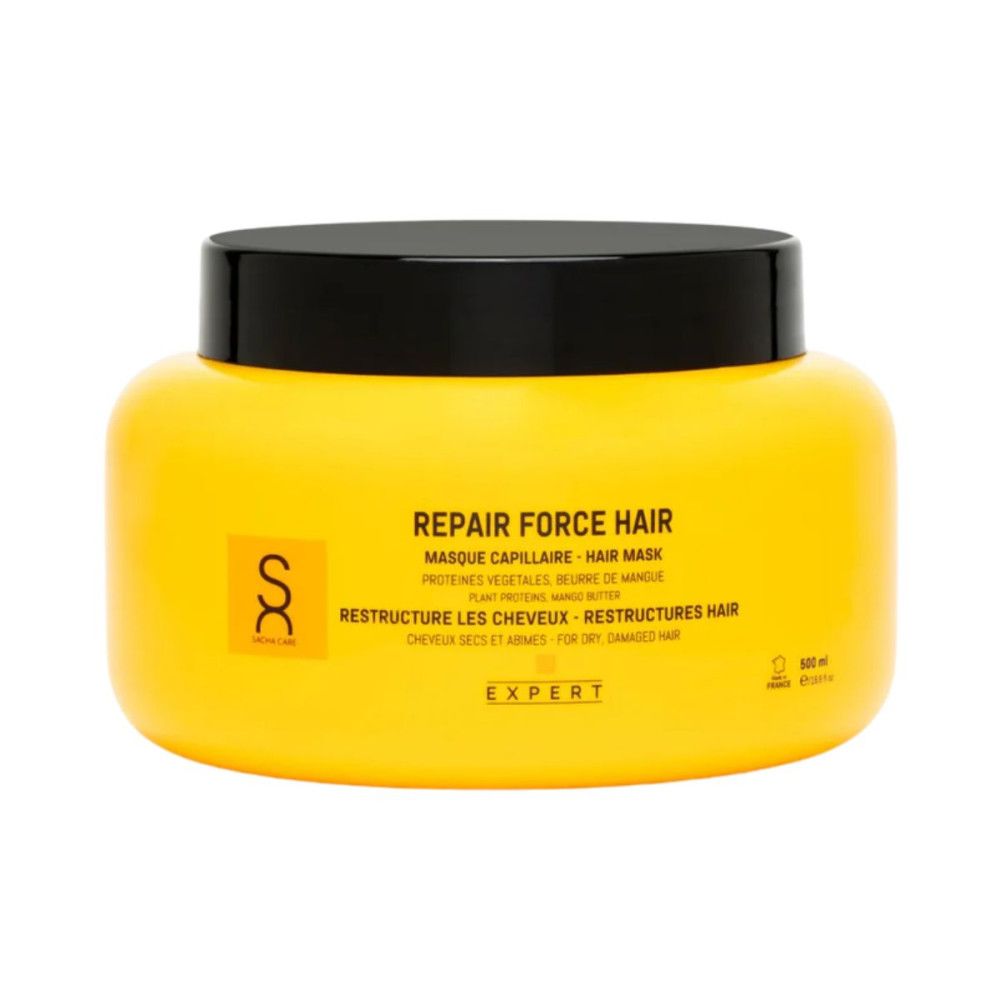 Gelber Tiegel mit schwarzem Deckel. Aufschrift: Repair Force Hair, Haarmaske. Für trockenes, strapaziertes Haar. Expert.