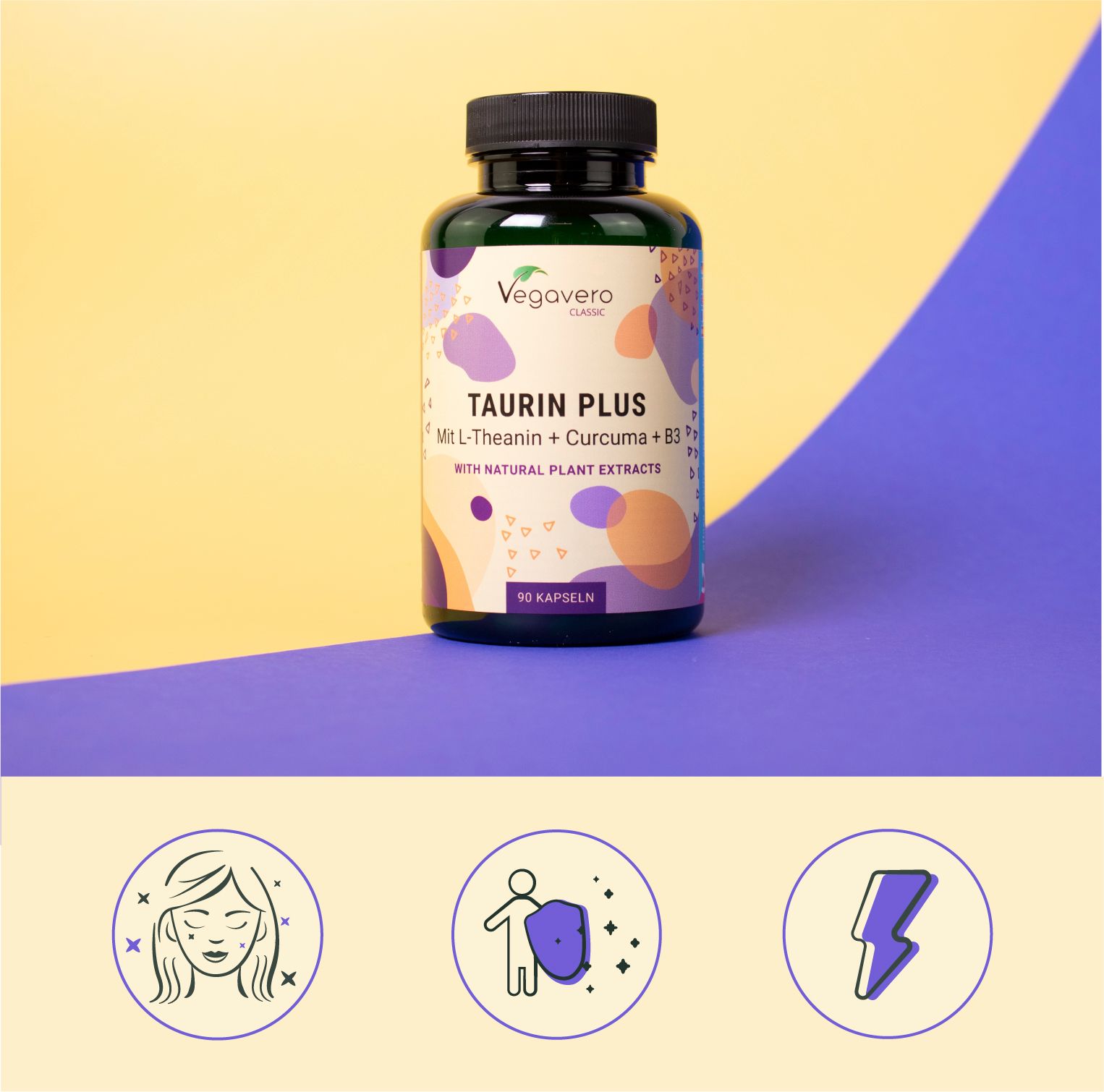 Bottiglia del prodotto con testo: Taurin Plus. Sfondo: Giallo e viola. Icone: Pelle, immunità, energia.