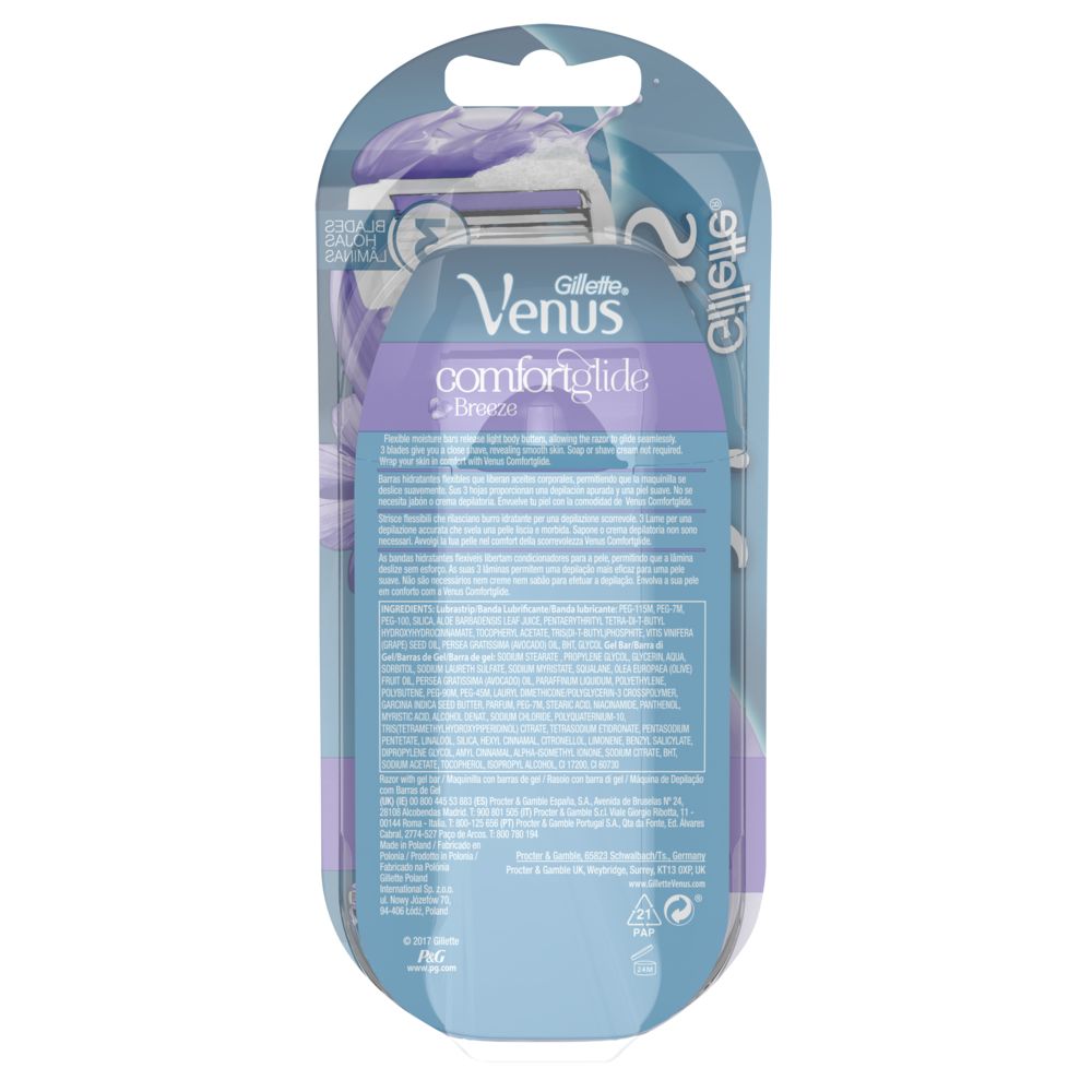 Rückseite der Gillette Venus Comfortglide Breeze Verpackung. Produktinformationen und Logos.