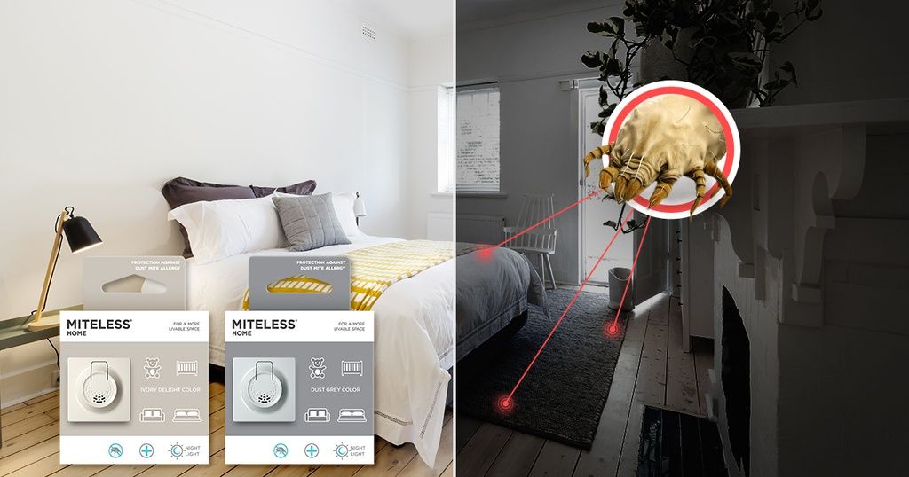 Miteless Home Verpackung neben einem Bett und eine Nahaufnahme eines Milbens.