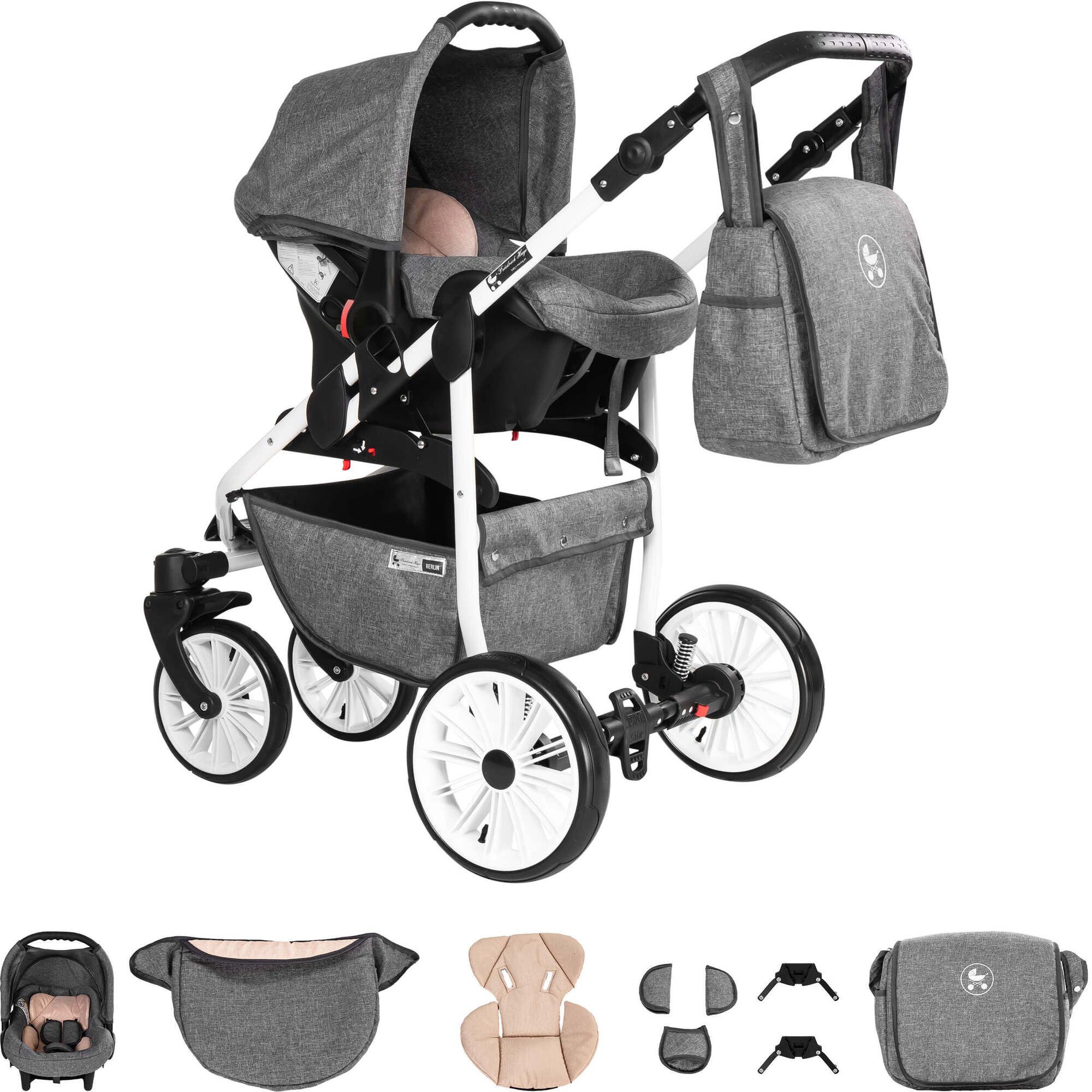 Friedrich Hugo Berlin 4 in 1 Kinderwagen Komplettset ISOFIX Basis GEL Reifen, Grey and Beige Day